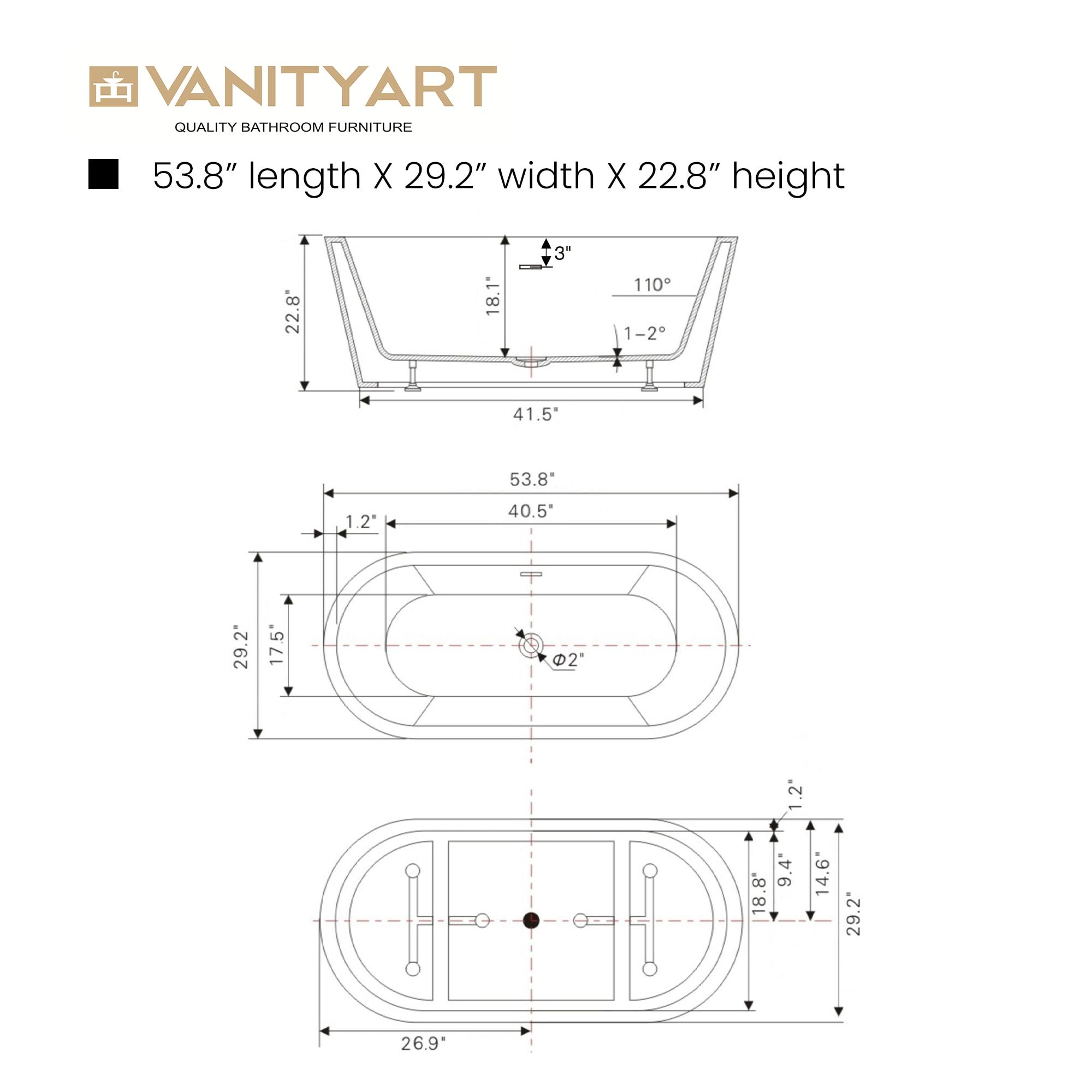 Vanity Art 54" Non-Slip Acrylic Freestanding Bathtub