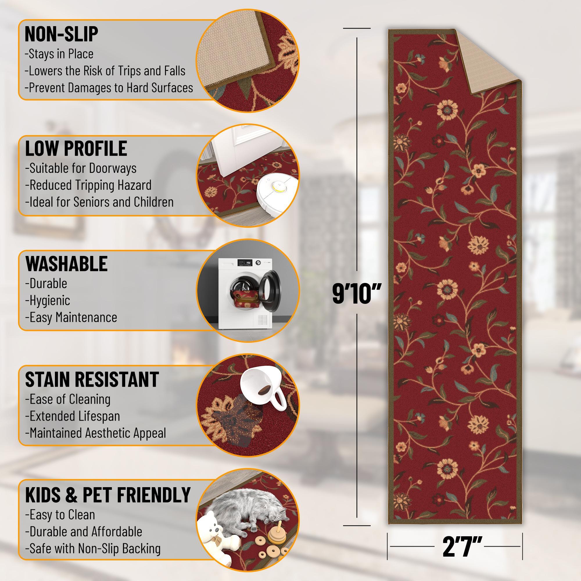 Ottohome Non-Slip Floral Leaves Area Rug For Living Room, Hallway, Entryway Rug, Dark Red