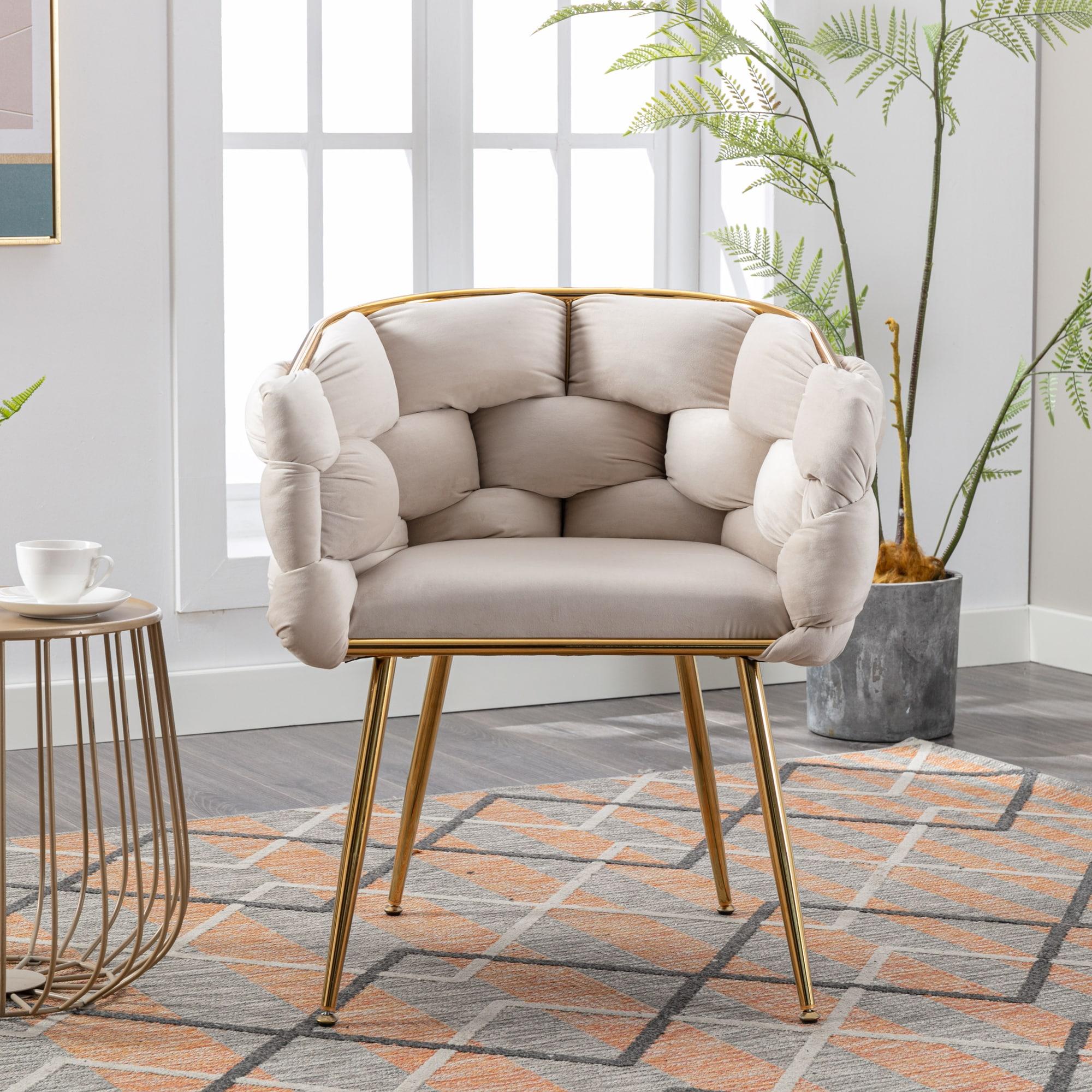 1 PC Modern Velvet Upholstered Accent Chair with Curved Tufted Backrest, Beige-ModernLuxe