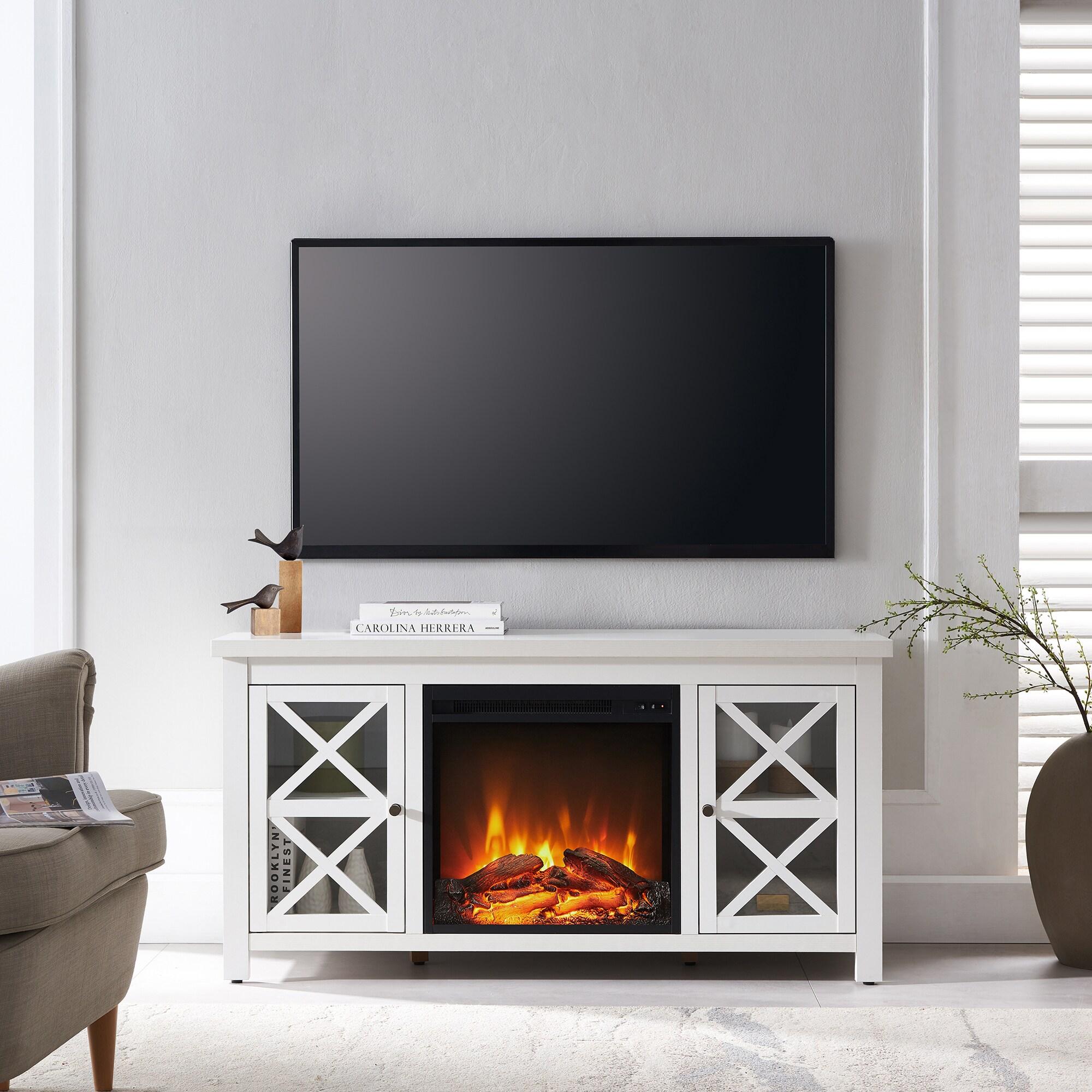 Evelyn&Zoe Colton Rectangular TV Stand with Log Fireplace for TV's up to 55", White