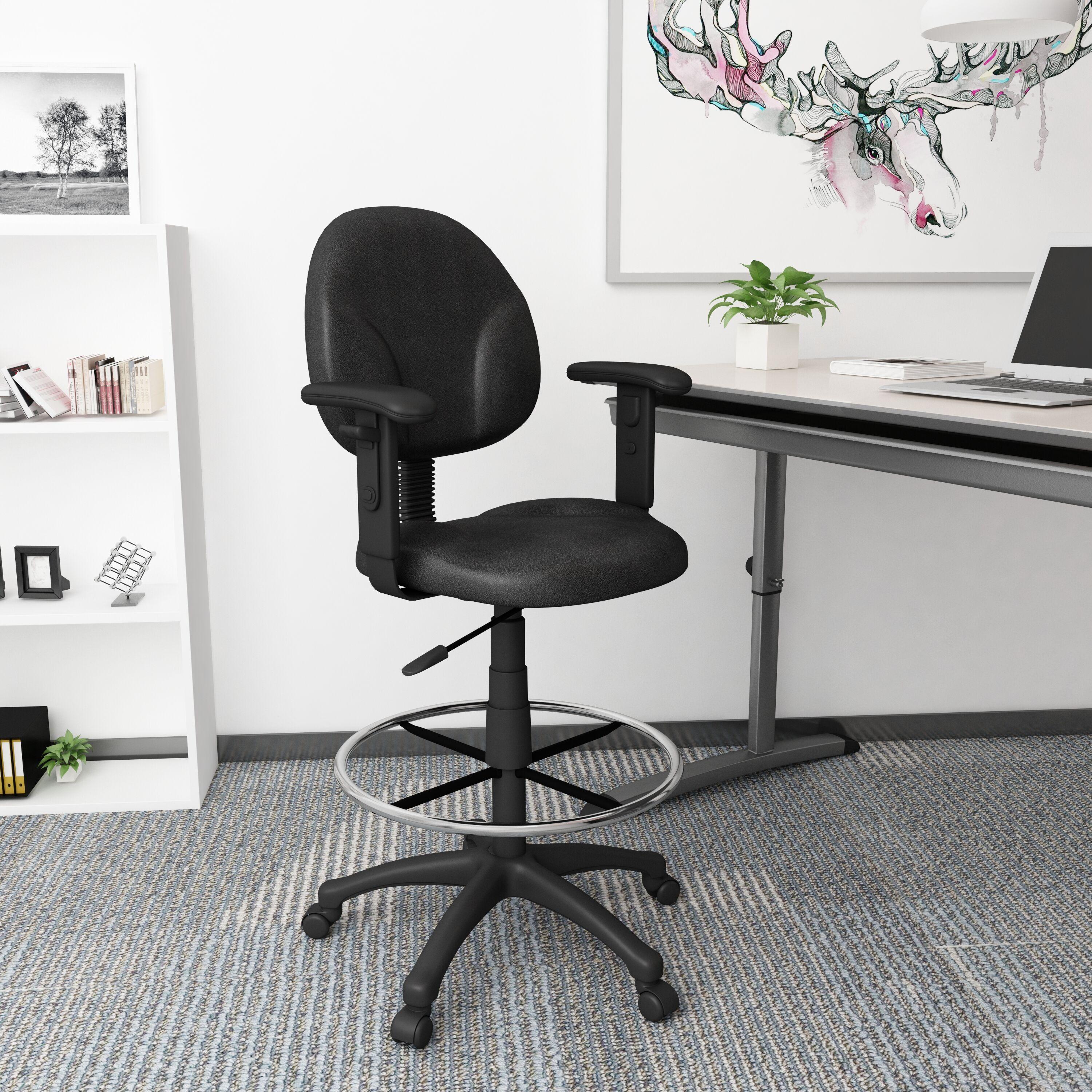 Drafting Stools with Adjustable Arms Black - Boss Office Products: Pneumatic Lift, 275lb Capacity, Nylon Base