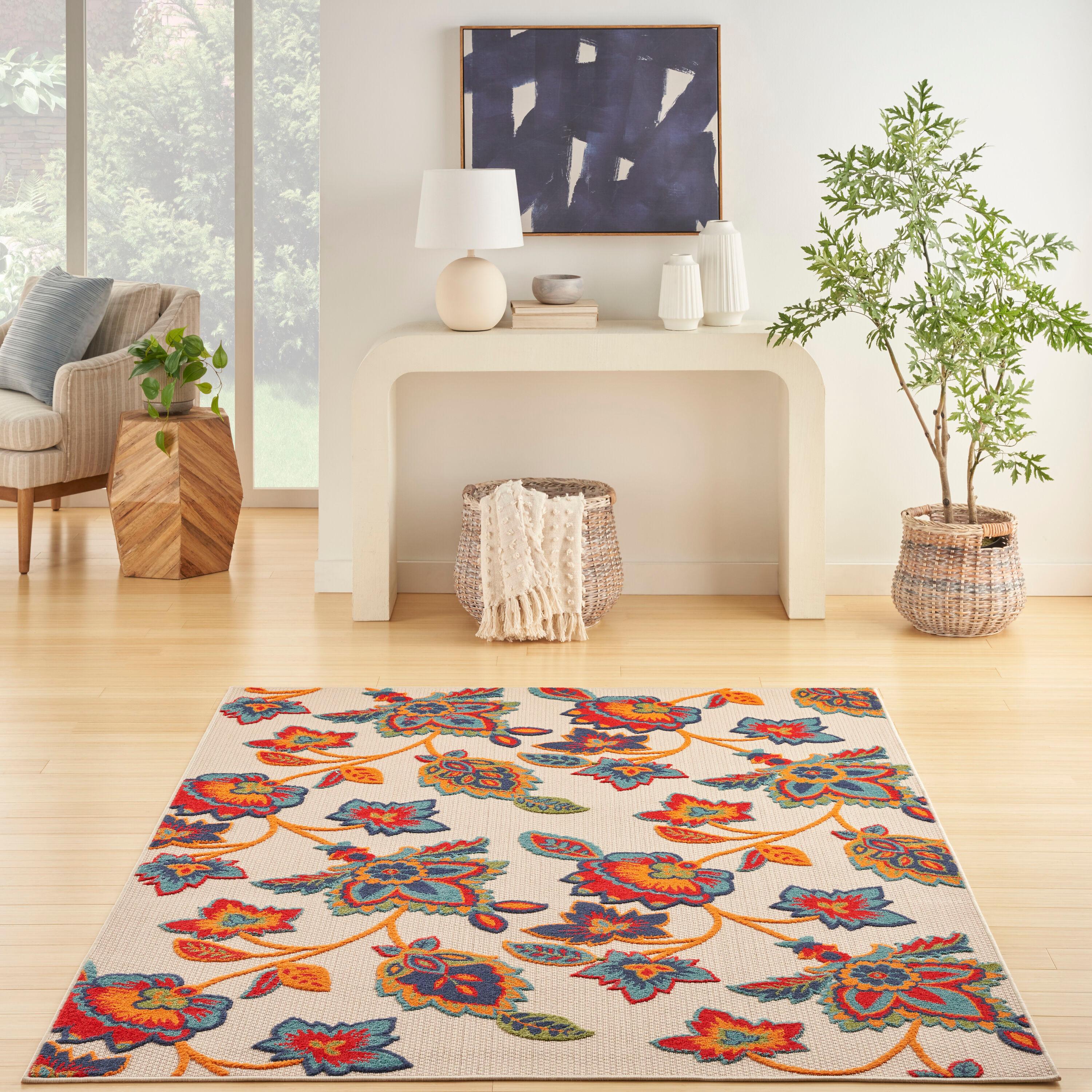 Nourison Aloha Floral Farmhouse Flatweave High-Low Indoor Outdoor Area Rug Multicolor 6' x 9'