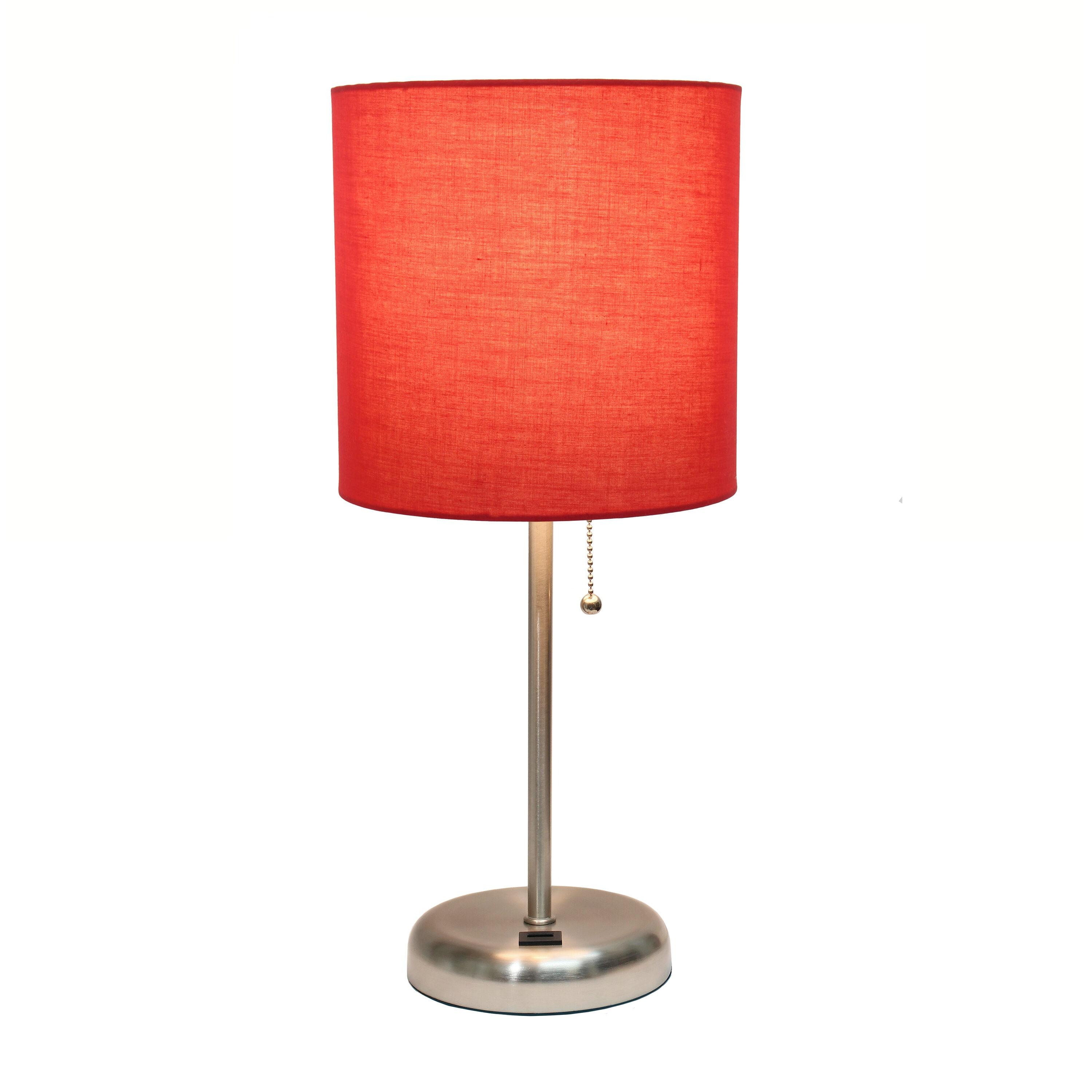 Creekwood Home 19.5" Bedside USB Port Feature Metal Table Desk Lamp Brushed Steel with Red Fabric Shade