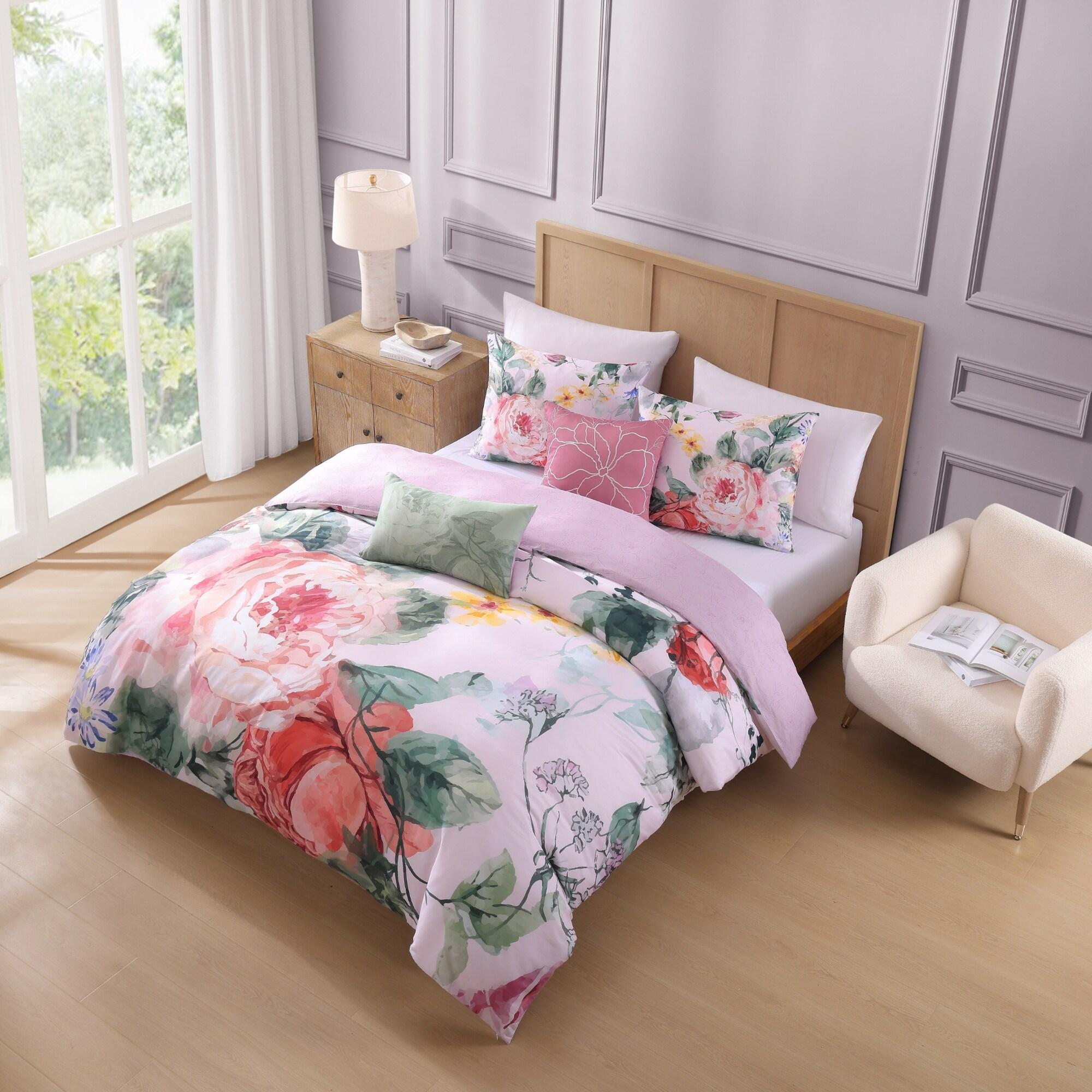 BeBeJan Bebejan Cool Pink Roses 200 Thread Count 100% Cotton Sateen 5-Piece Reversible Comforter Set