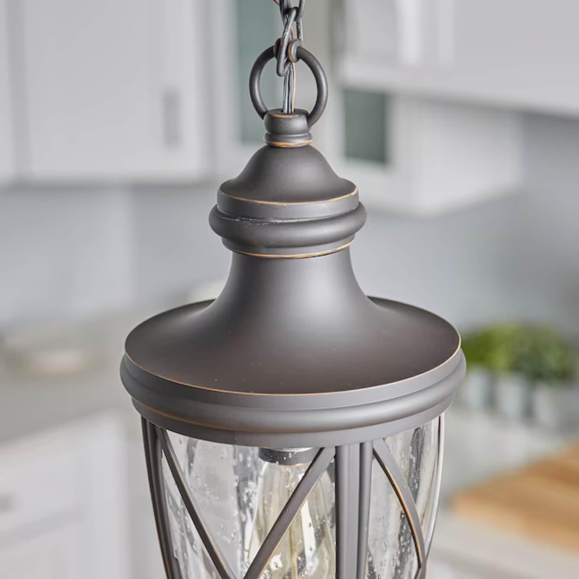 allen + roth Castine Bronze Craftsman Seeded Glass Lantern Led Medium Outdoor Hanging Pendant Light