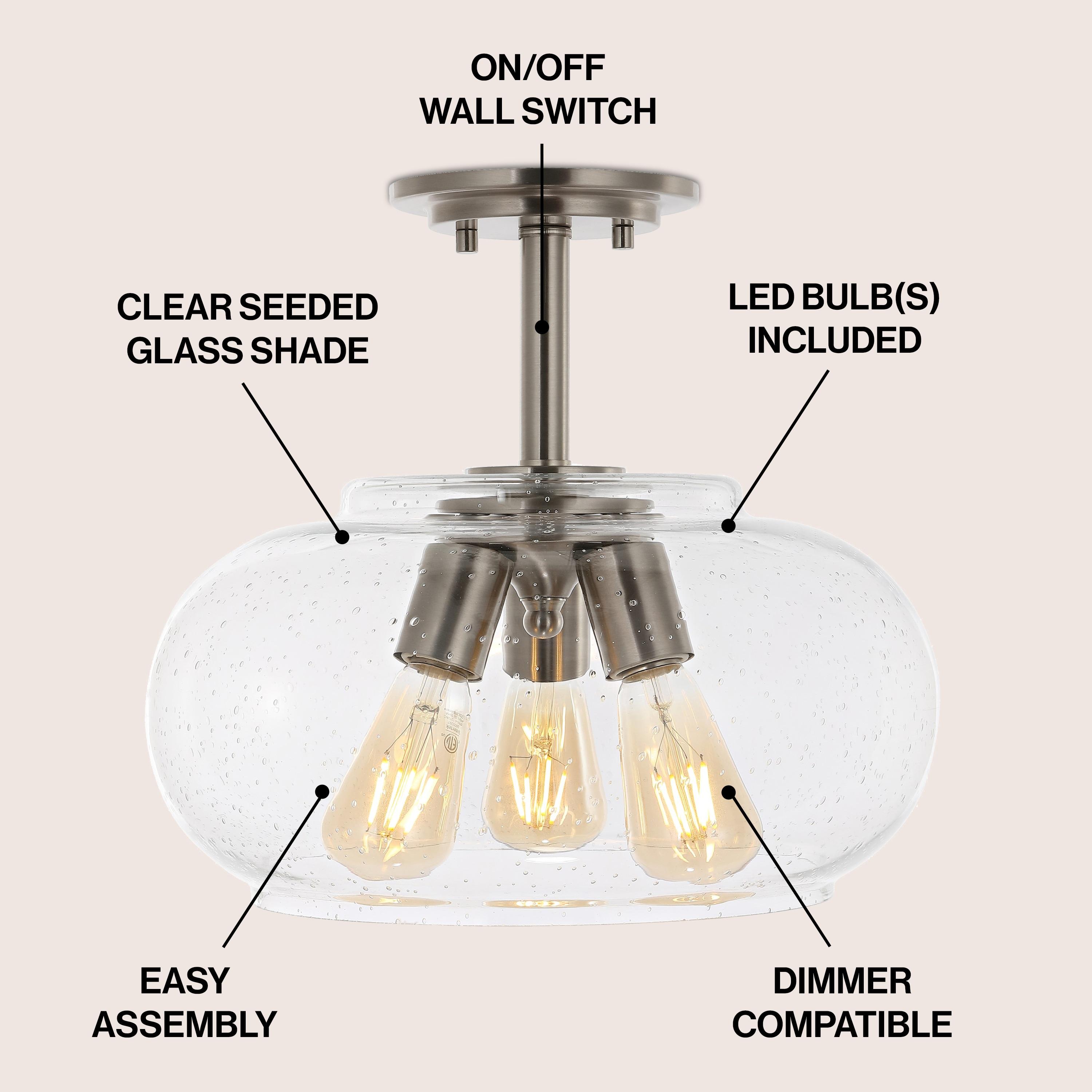 Lina 13.75" 3-Light Modern Industrial Iron/Seeded Glass LED Semi Flush Mount, Nickel/Clear