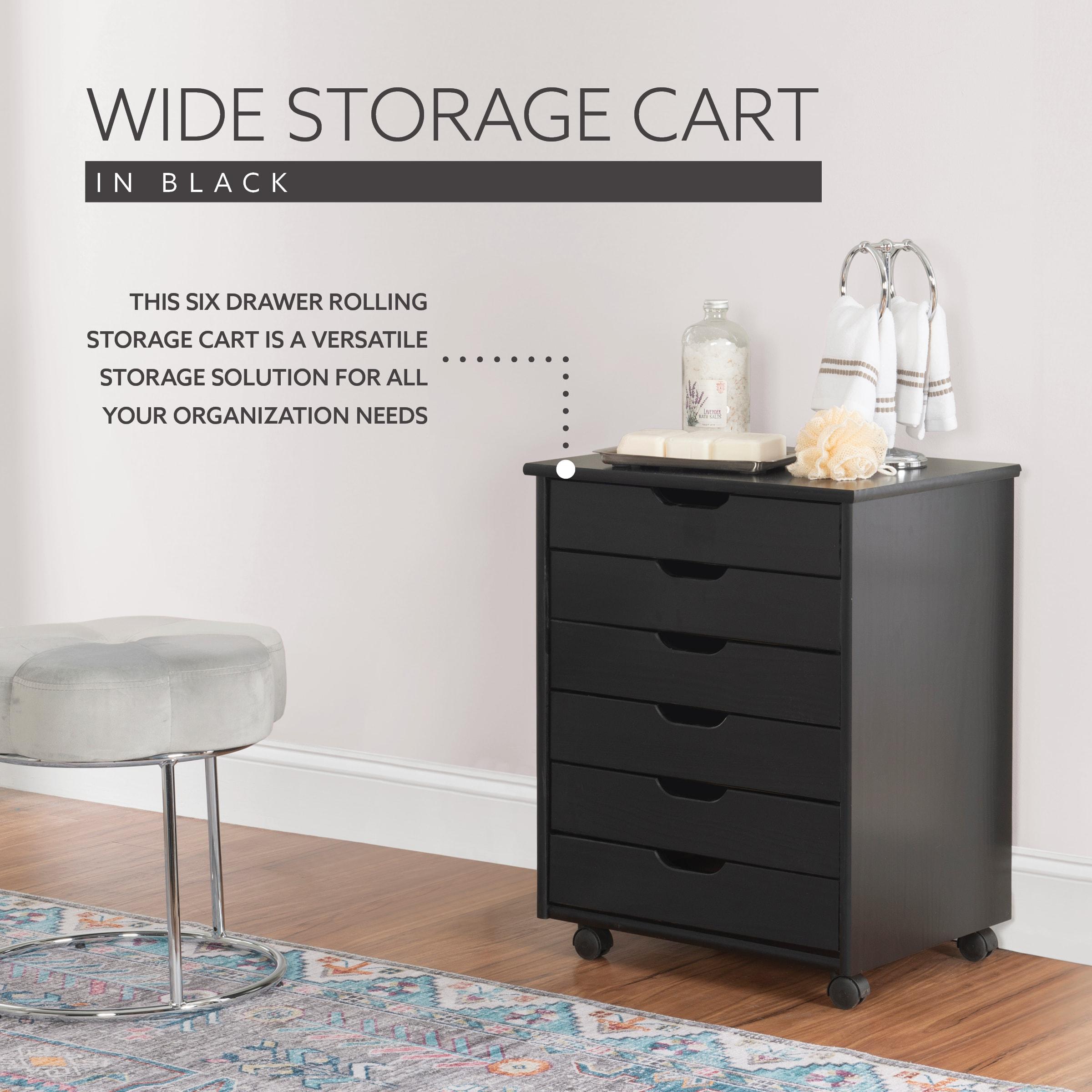 Cary Transitional 6 Drawer Solid Wood Contoured Handle Cut Out Wide Roll Cart Black - Linon: Pine Frame, Farmhouse Style, Portable Storage