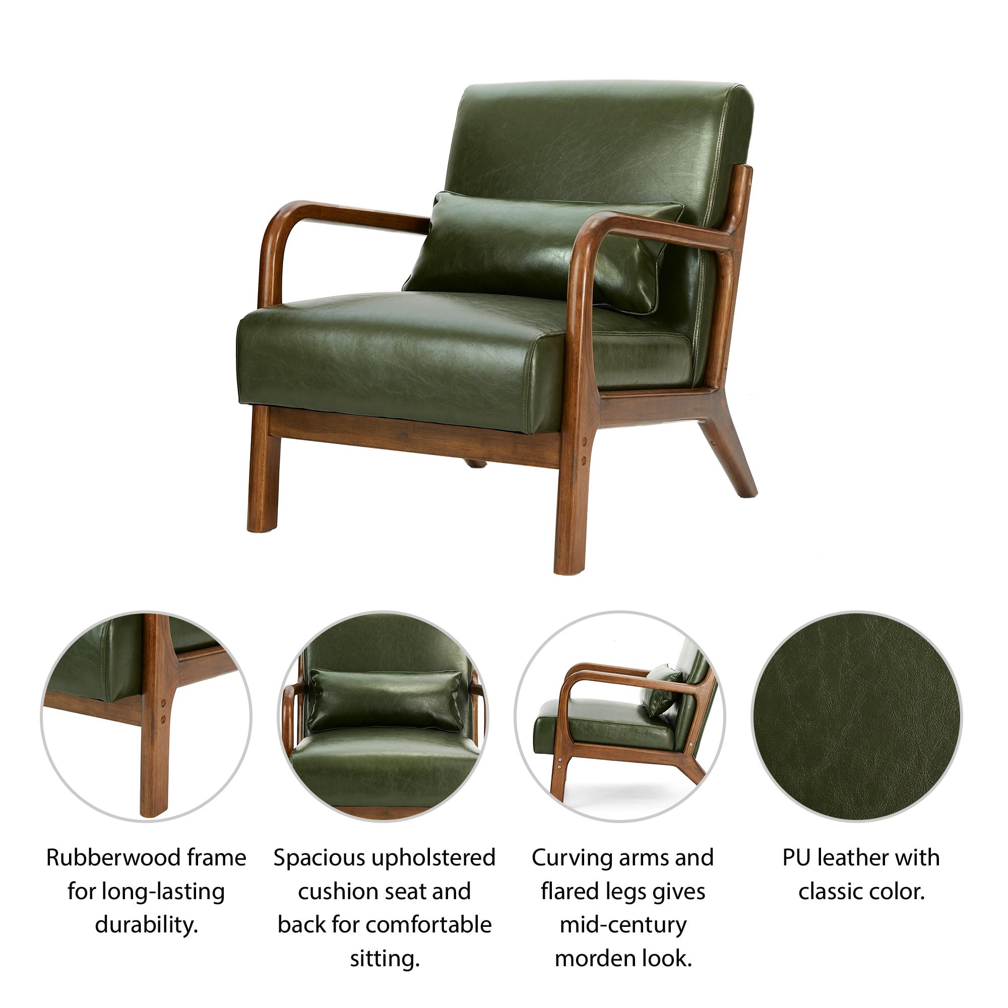 Mid-Century Modern Leatherette Arm Accent Chair Walnut Rubberwood Frame - Hunter Green - Glitzhome