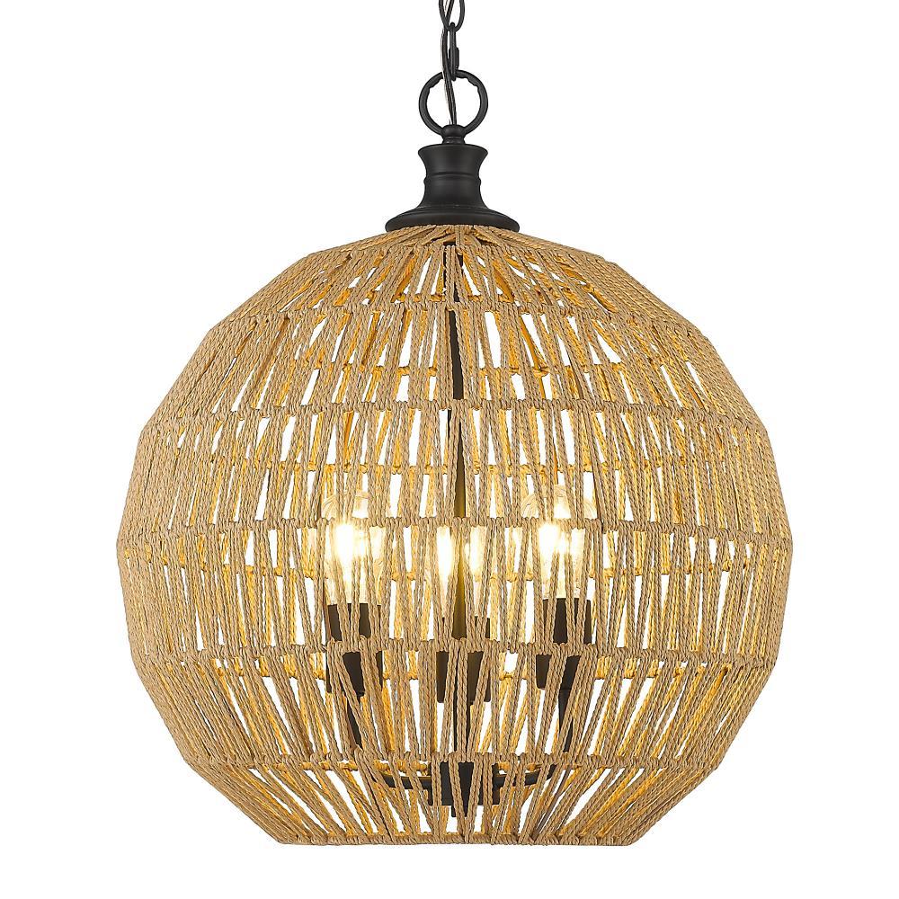 Golden Lighting Florence 3-Light Pendant in Matte Black with Natural Raphia Rope