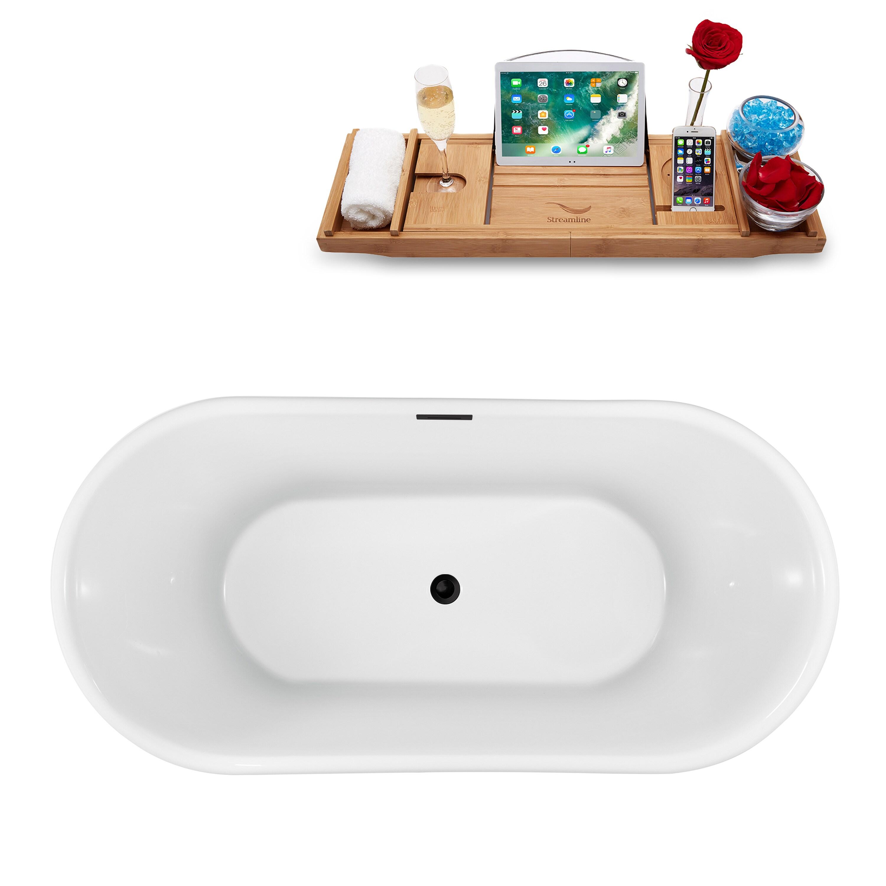 Streamline Bath 59" Streamline Freestanding Soaking Acrylic Bathtub With Drain and Bamboo Tray N1241BGM