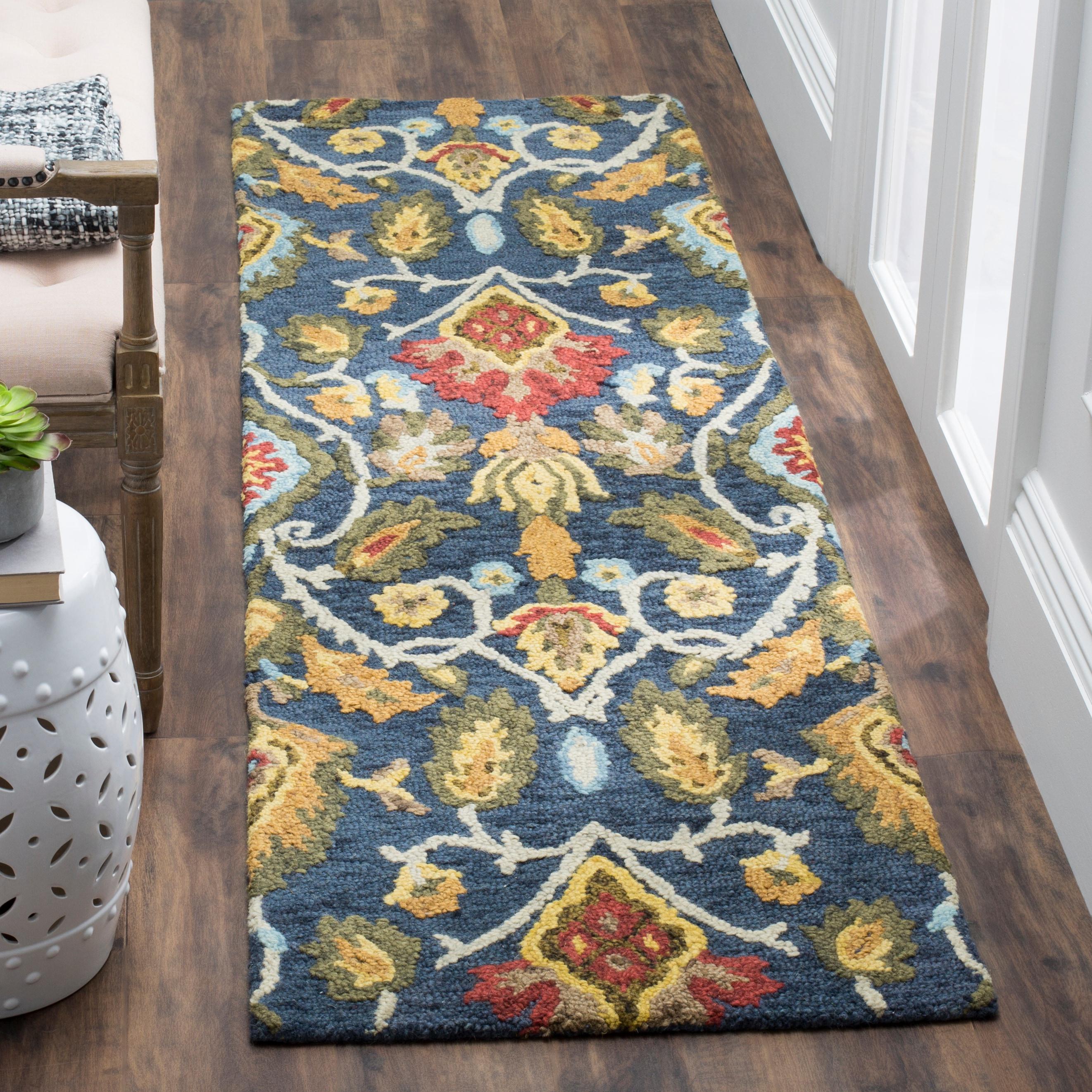 Blossom Navy Blue Floral Wool Tufted Runner Rug 2'3" x 8'