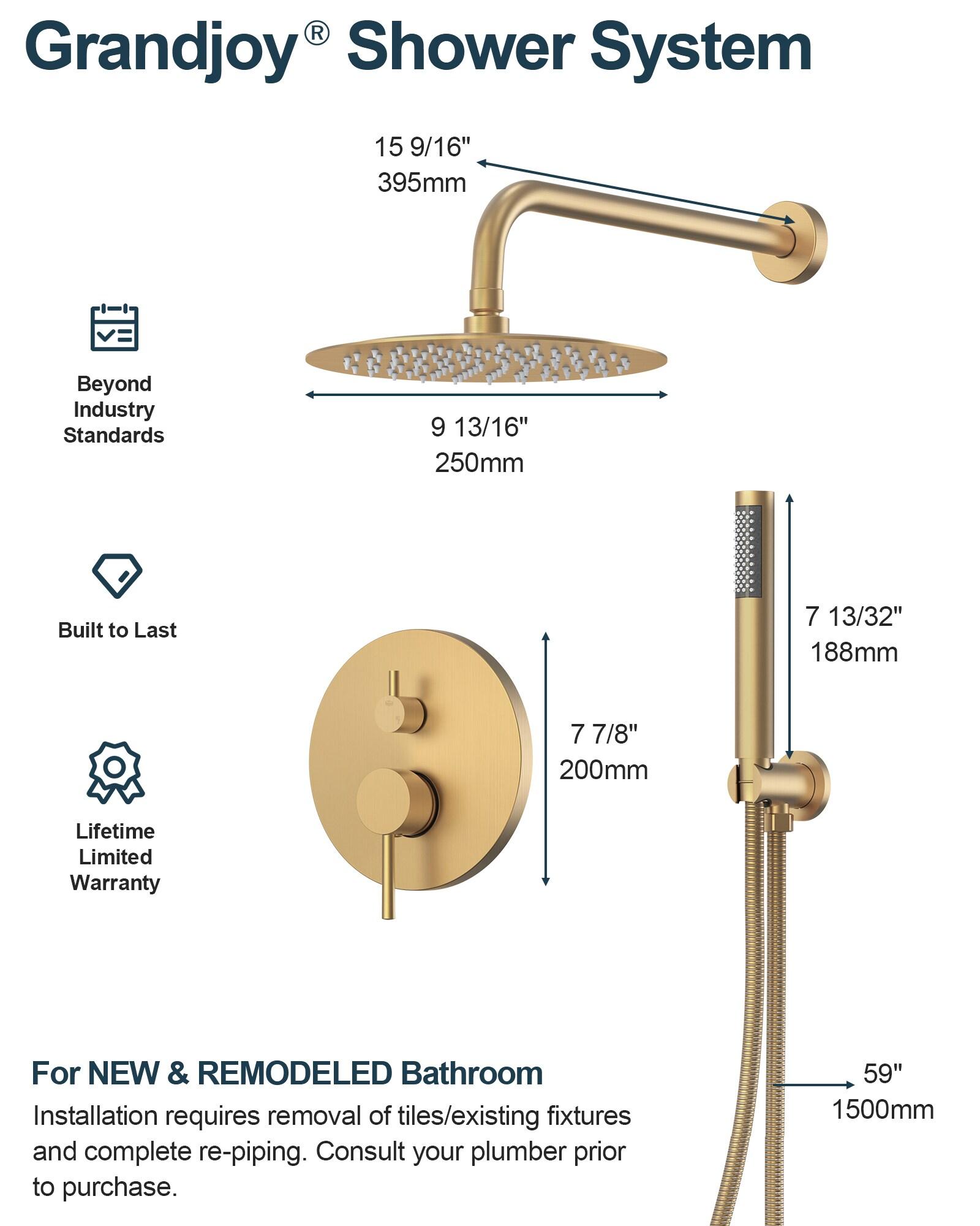 GRANDJOY Complete Shower System, 10" and 6" Dual Wall Mount Rain Shower Faucets with Handheld Shower Spray, High Pressure in Brushed Gold