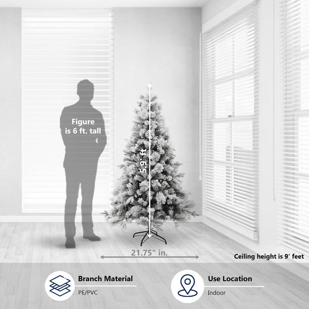 LuxenHome 6Ft Artificial Flocked Full Pine Christmas Tree with Pine Cones