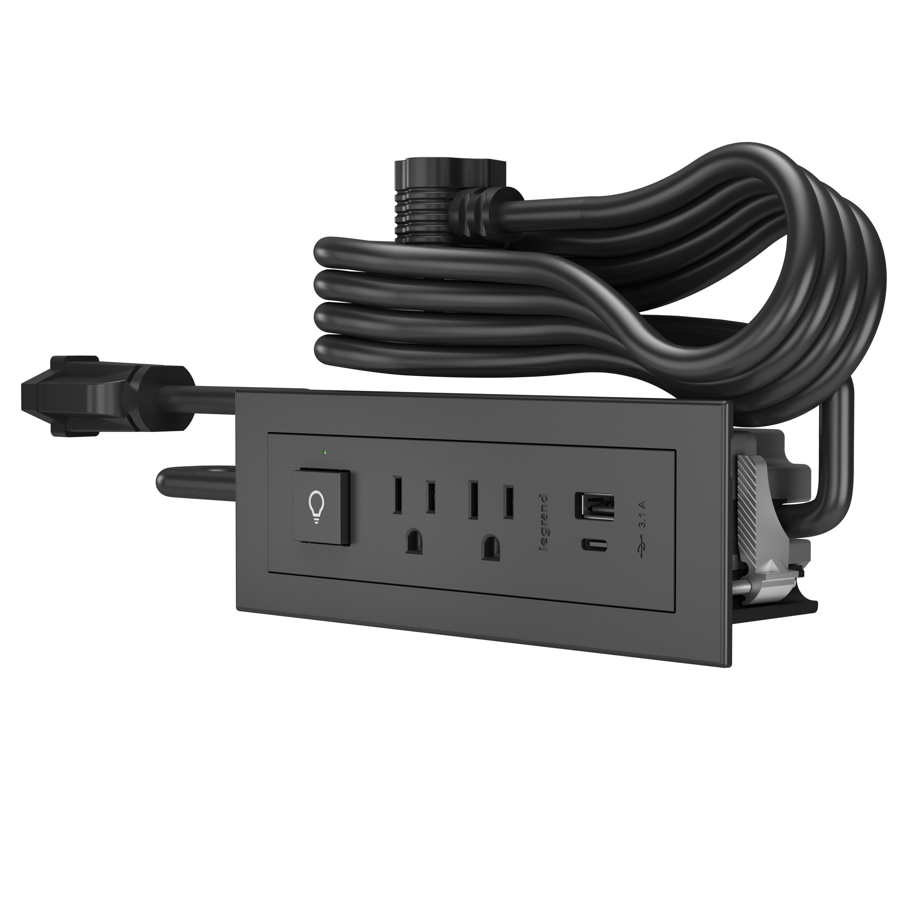 Black 6-Foot Metal and Plastic Power Strip with USB