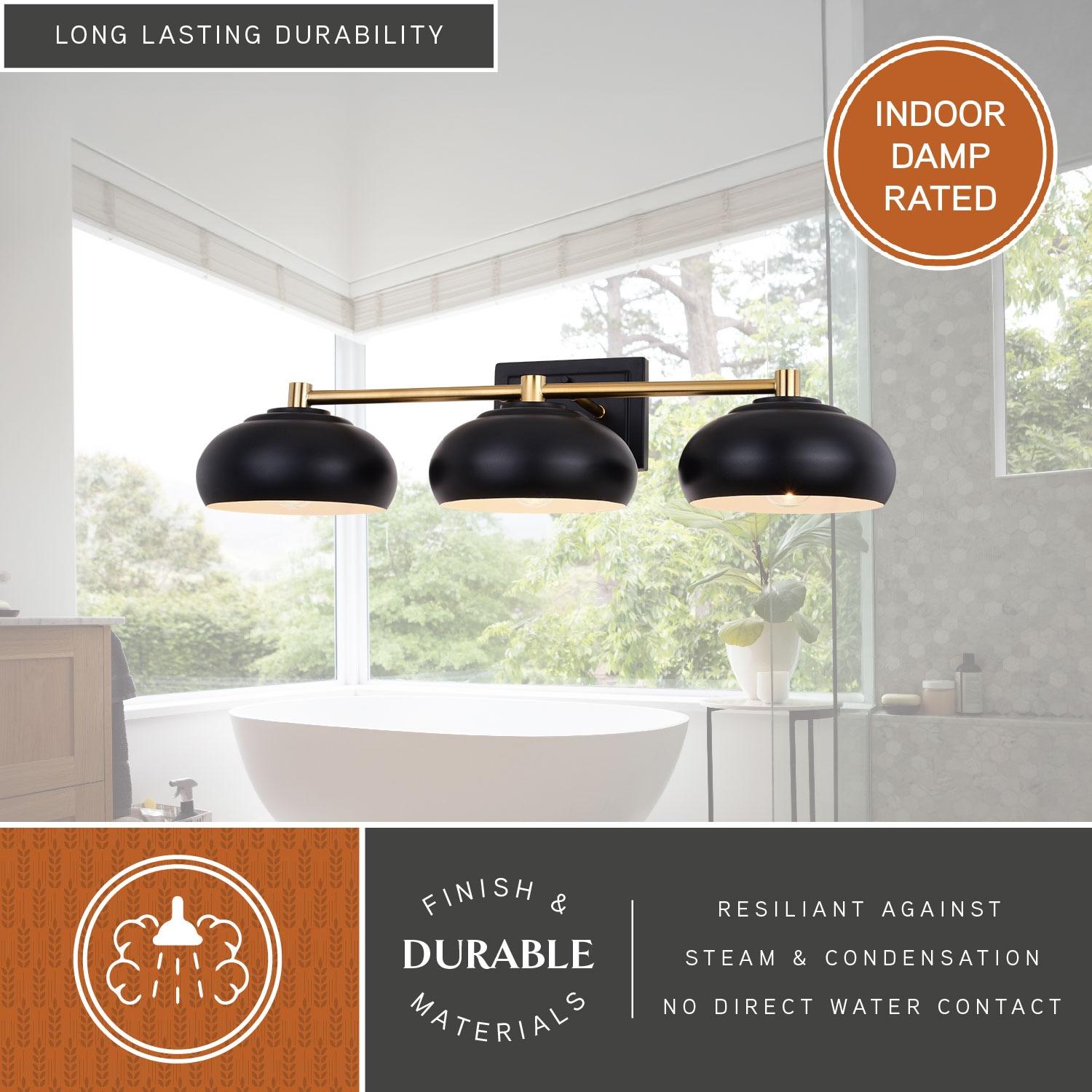 Belmont 3 Light Black and Brass Mid Century Modern Dome Bathroom Vanity Fixture