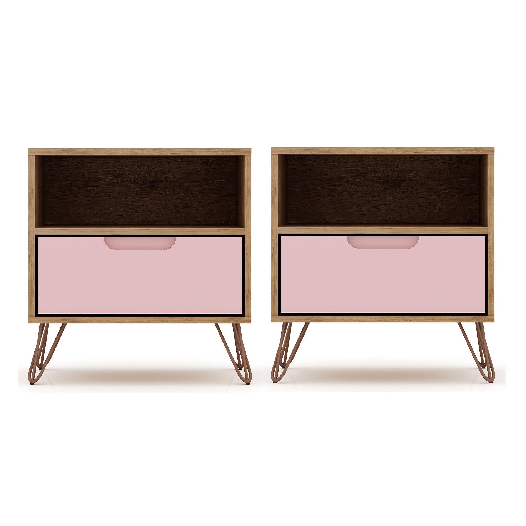 Set of 2 Rockefeller 1 Drawer Nightstands Nature/Rose Pink - Manhattan Comfort: Mid-century Design, Metal Legs, MDF
