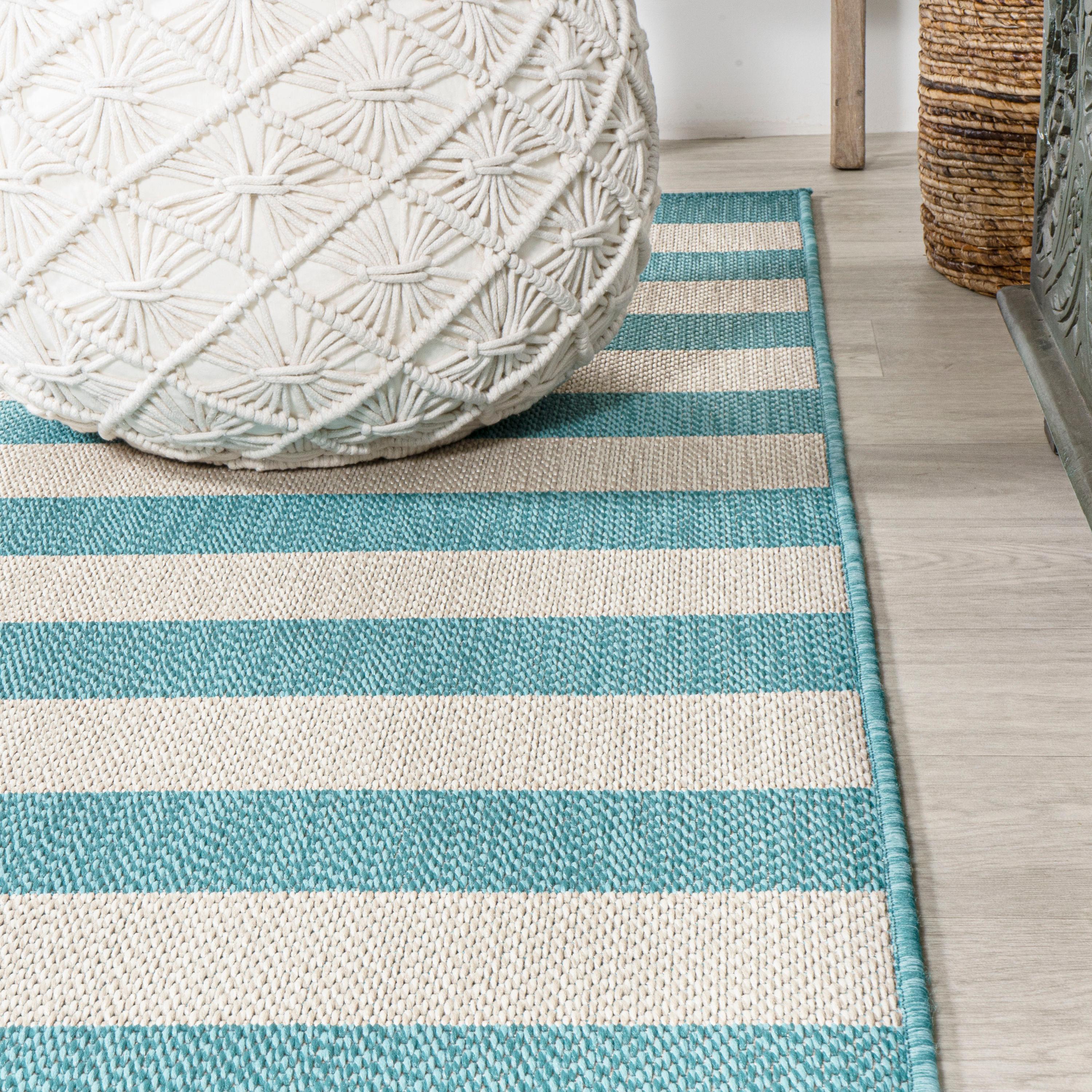 3' x 5' Negril Two-Tone Wide Stripe Indoor/Outdoor Area Rug, Aqua/Cream - JONATHAN Y