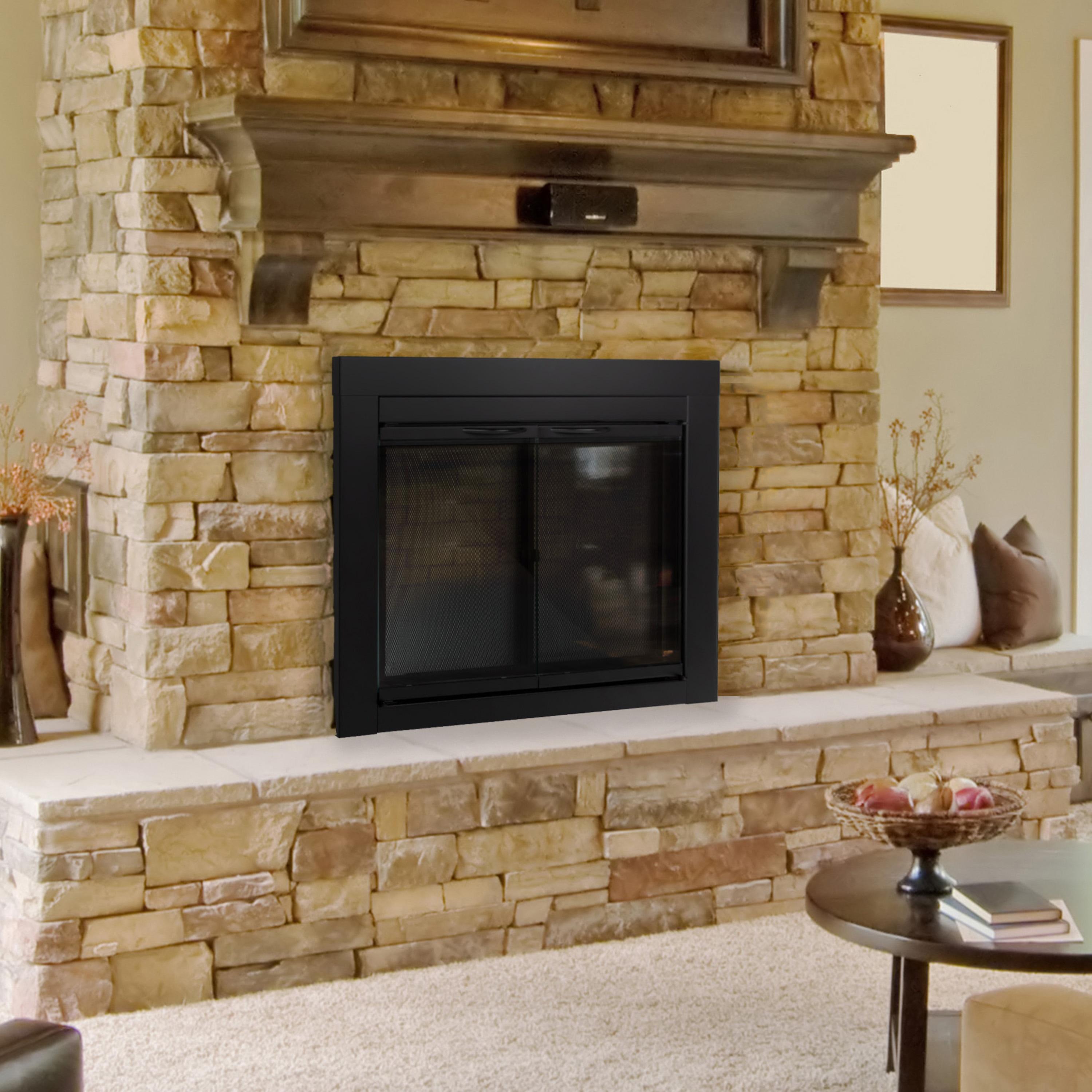 GHP Group AN-1011 Alpine Cabinet Style Fireplace Screen And Glass Doors, Medium, Black Powder Coated Finish