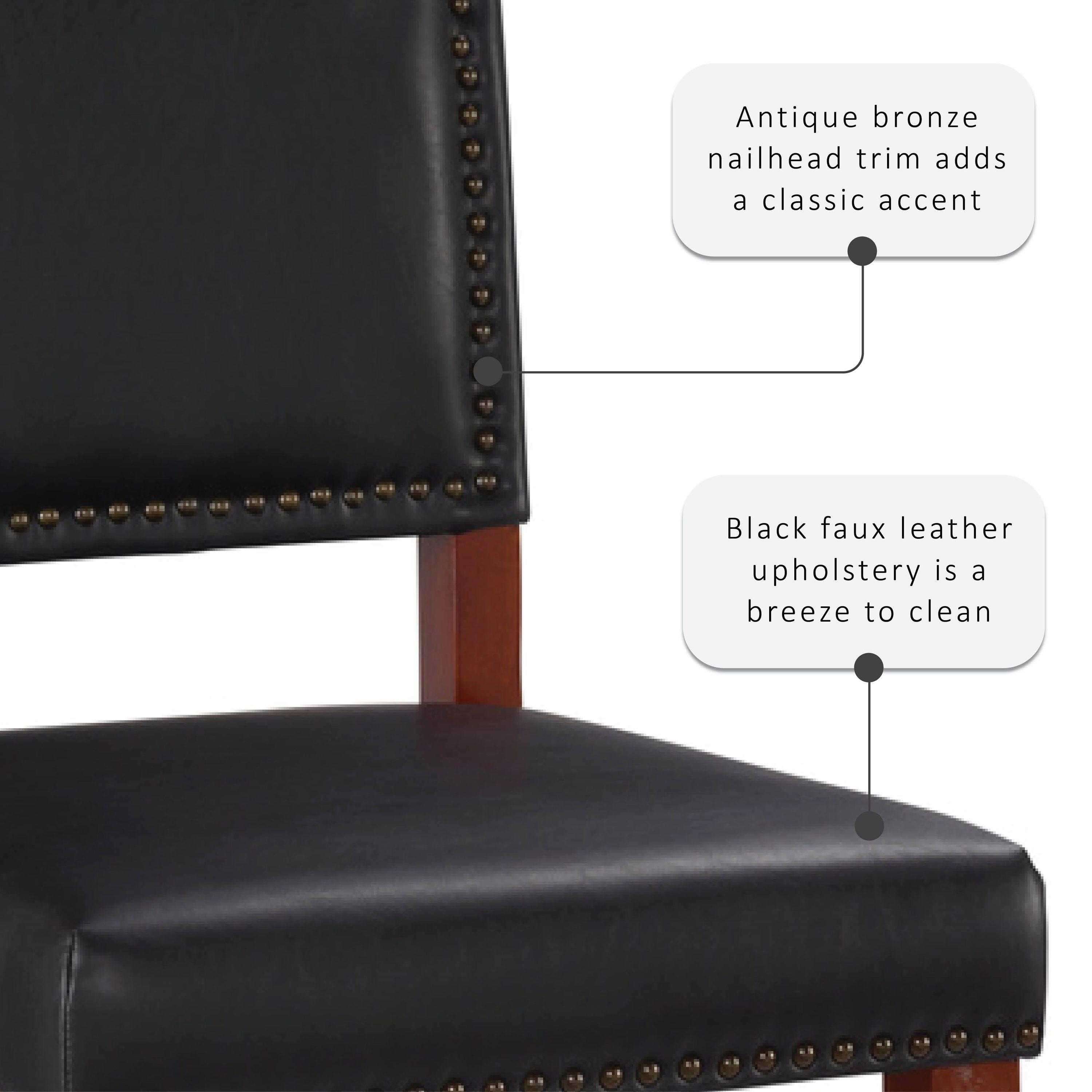 24" Brook Padded Back Faux Leather Nailhead Counter Height Barstool Black - Linon: Cherry-Stained Legs, Footrails