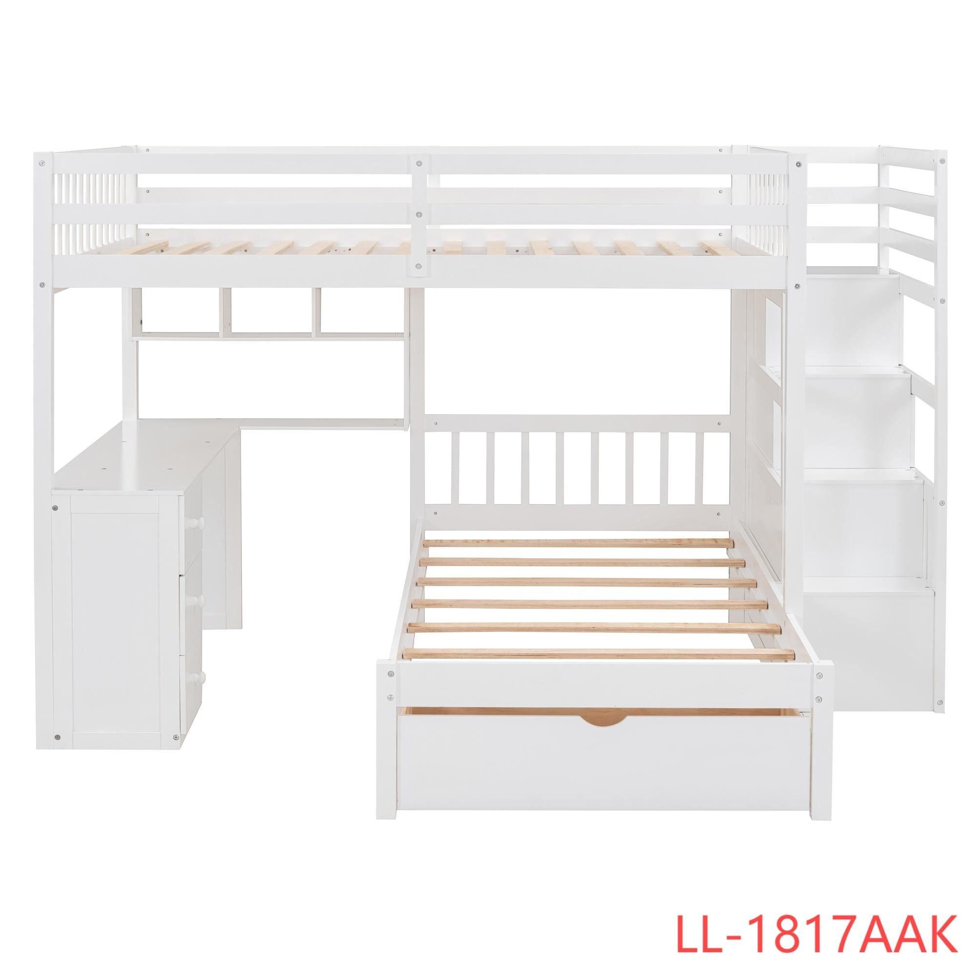 Harper & Bright Designs Full Over Twin Bunk Bed with Stairs, Storage Drawers, Full Size Loft Bed Frame with Desk and Shelves, White