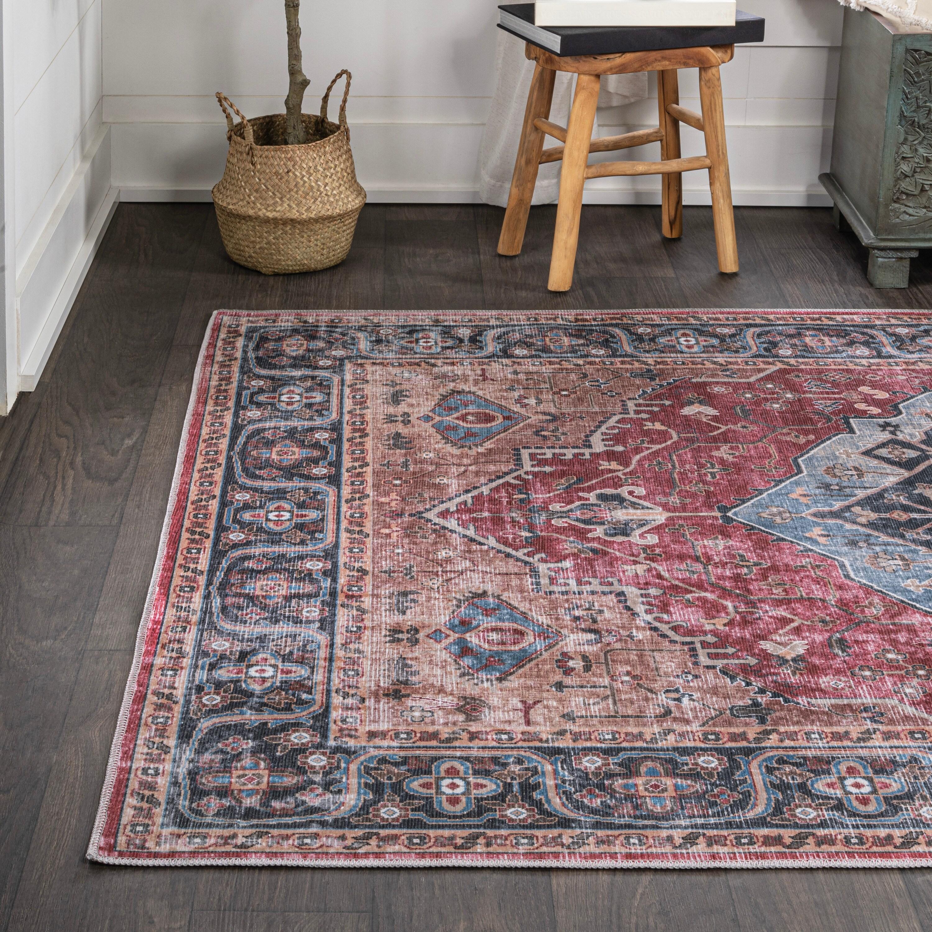 Alacati Ogee Medallion Machine-Washable Red/Blue/Brown 3 ft. x 5 ft. Area Rug - JONATHAN Y