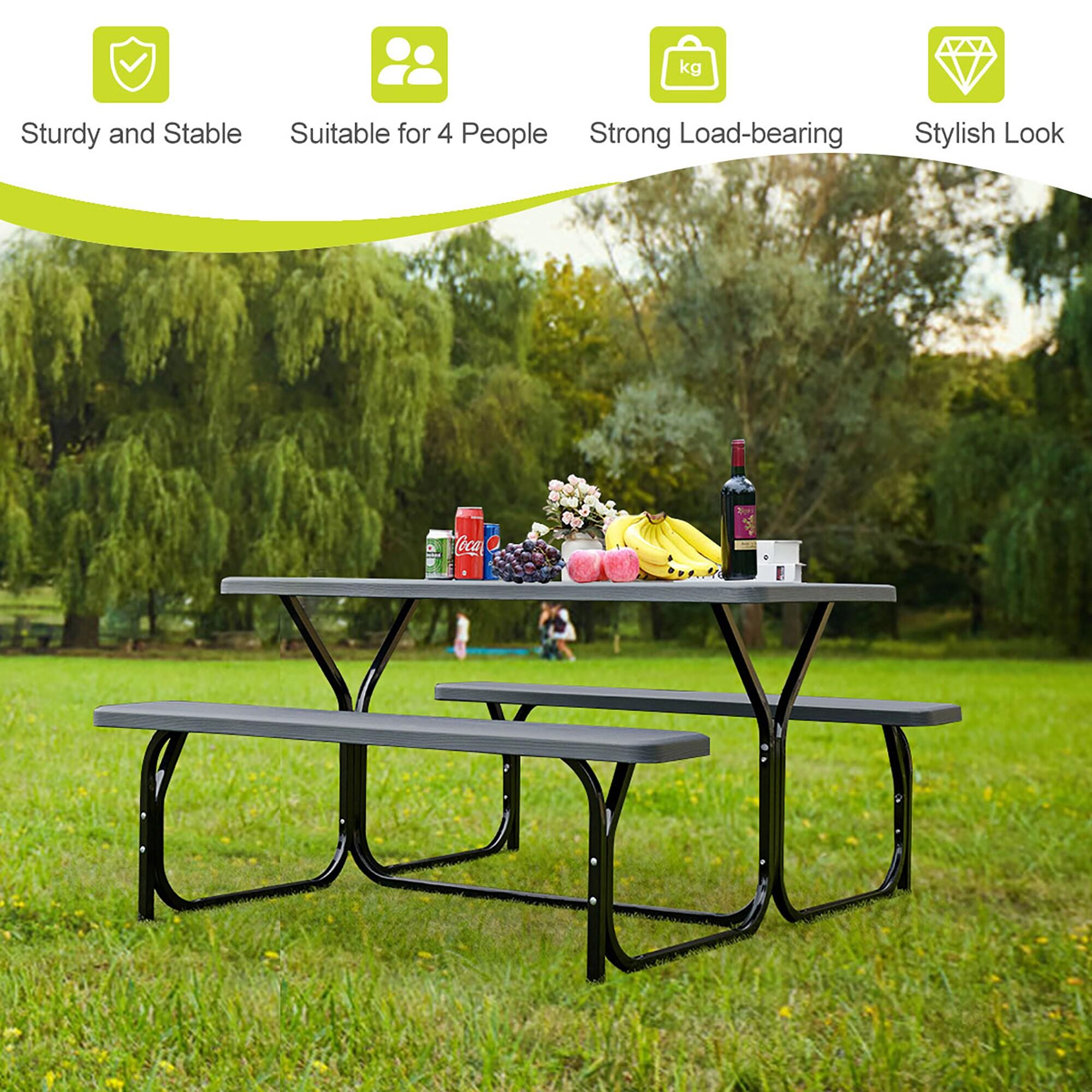 Costway Picnic Table Bench Set Outdoor Backyard Iron Patio Garden Party Dining All Weather Black