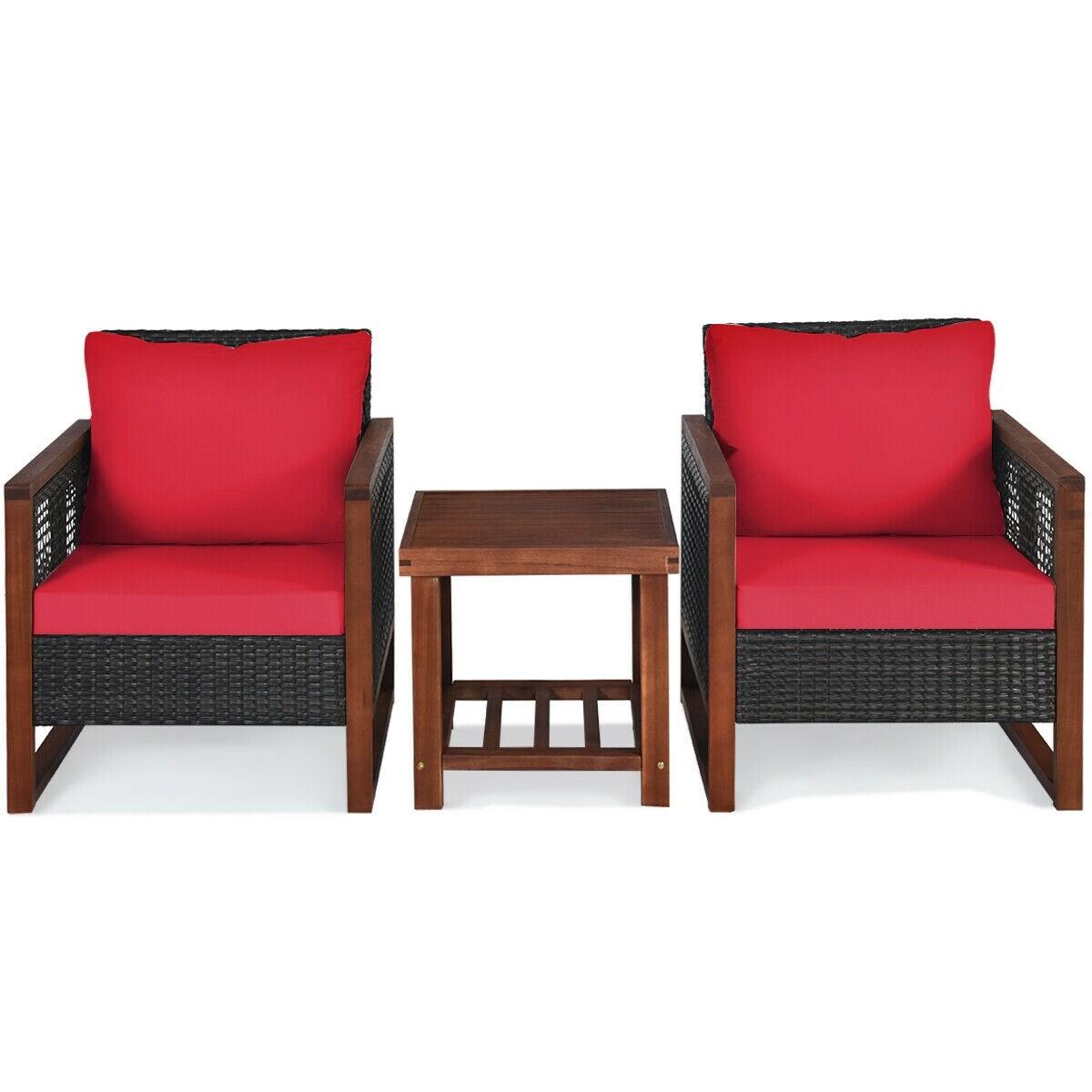 Costway 3PCS Patio Wicker Furniture Set Solid Wood Frame Cushion Sofa w/ Square Table Shelf Red