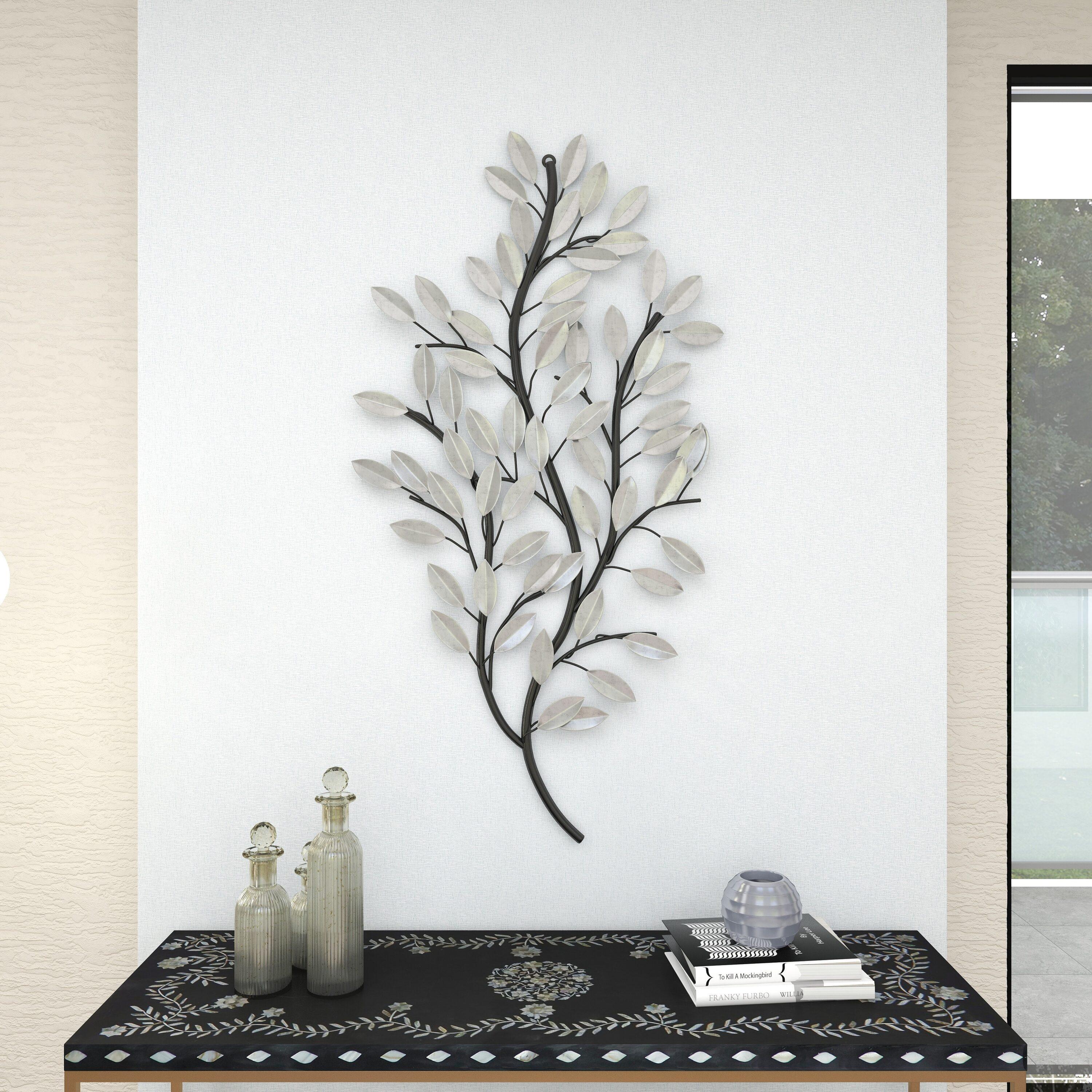 Metal Leaf Metallic Wall Decor with Stem Silver - Olivia & May: Glam Iron Art for Indoor