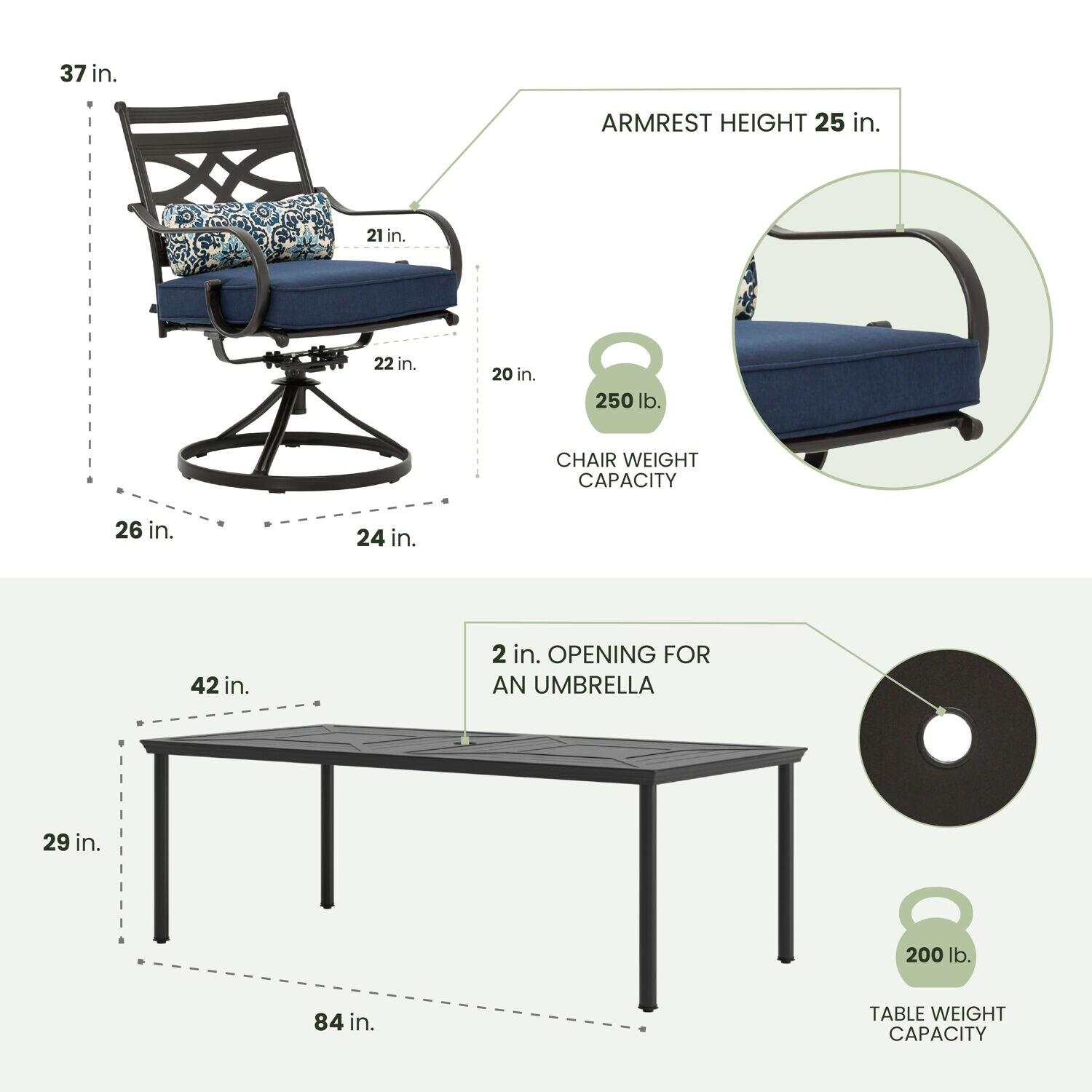 Hanover Montclair 9-Piece All-Weather Outdoor Patio Dining Set, 8 Swivel Rocker Chairs with Comfortable Seat and Lumbar Cushions, 84"x42" Stamped Rectangle Table, MCLRDN9PCSW8-NVY