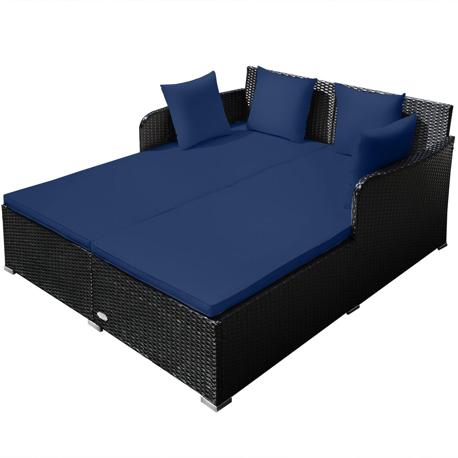 Costway Outdoor Patio Rattan Daybed Pillows Cushioned Sofa Furniture Navy