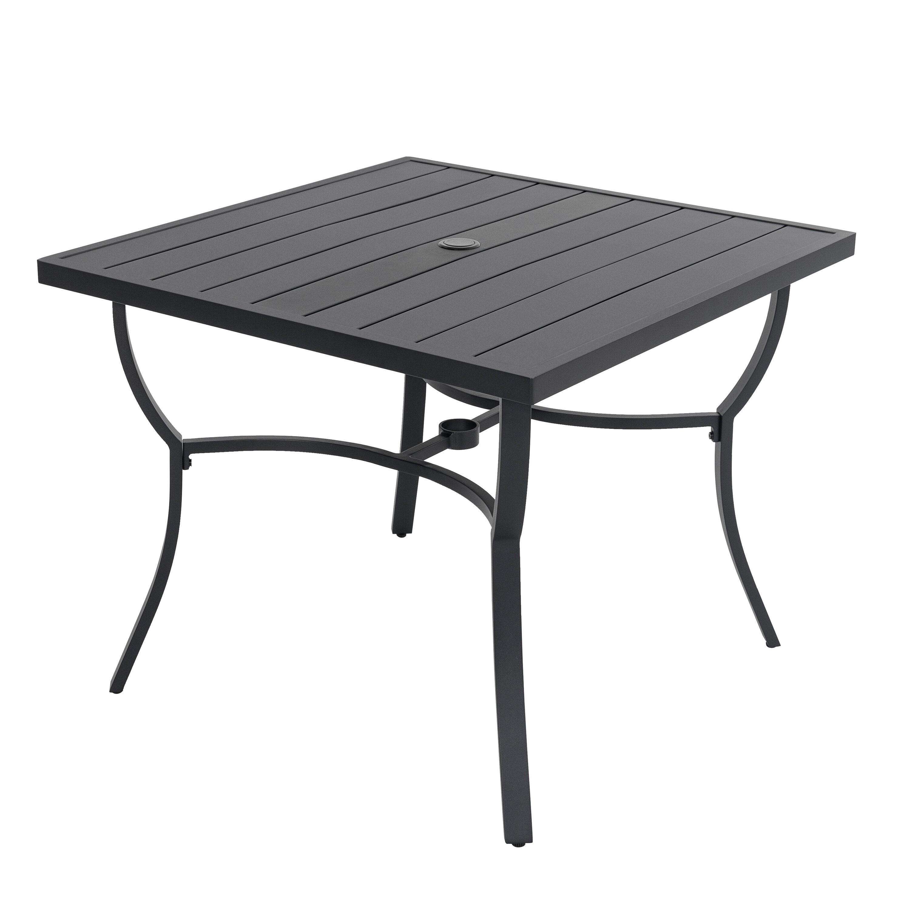 Nuu Garden Cast Aluminum All-Weather Square Outdoor Dining Table with Umbrella Hole, Black