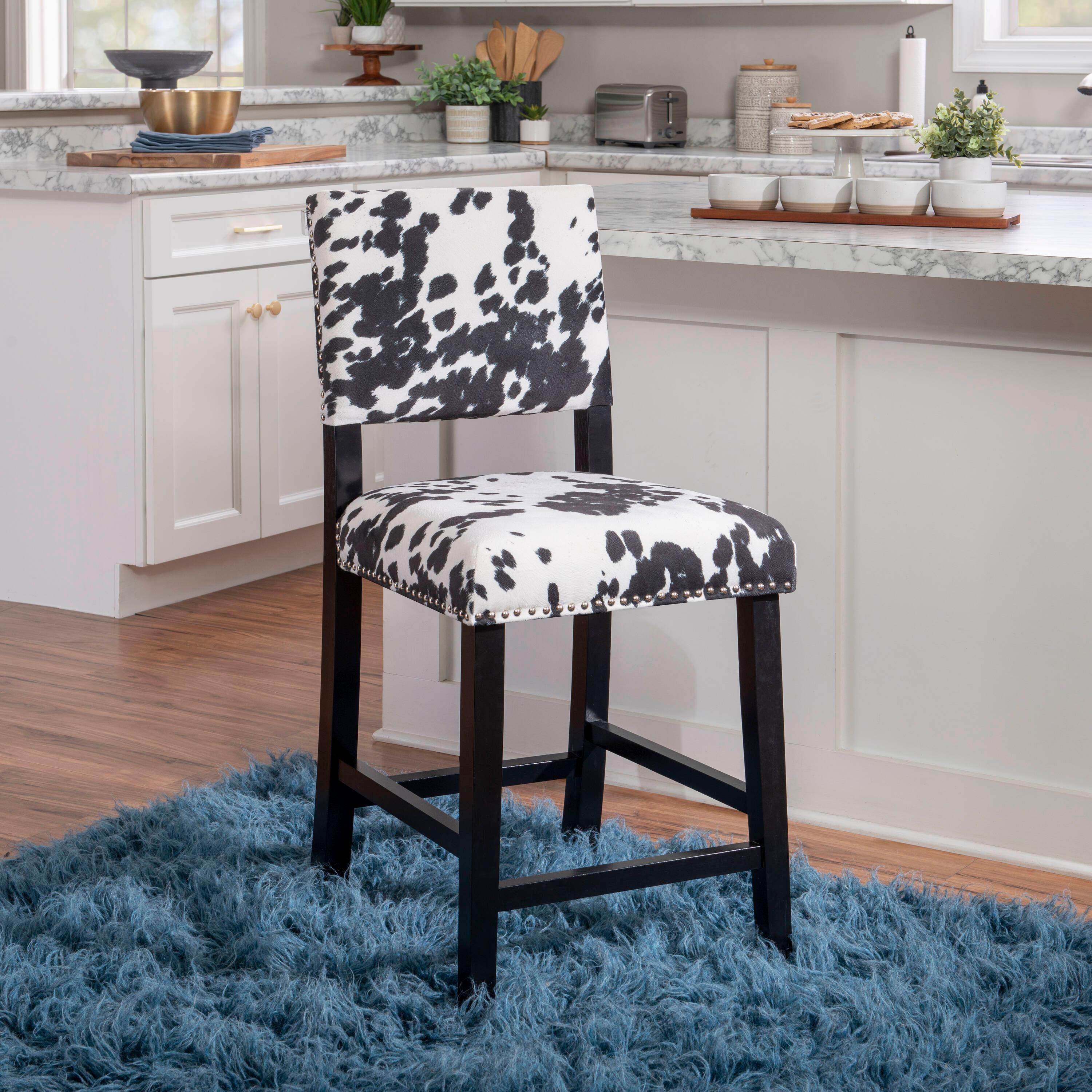 Linon Corey Black Cow Print Upholstery Counter Height Barstool Black/White: Farmhouse Style, Wood Frame, Footrest