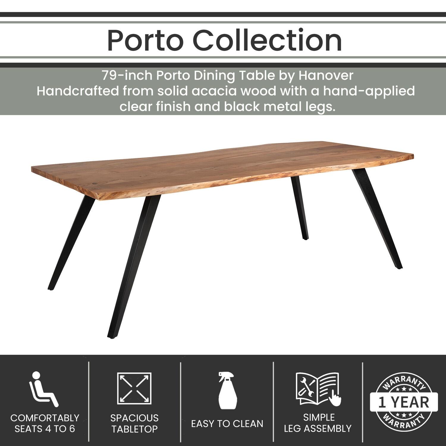 Hanover Porto 79-In. Acacia Wood Dining Table | Modern Live Edge Design | Perfect for Dining Room or Kitchen | Natural Top with Black Legs, HDR010-NAT