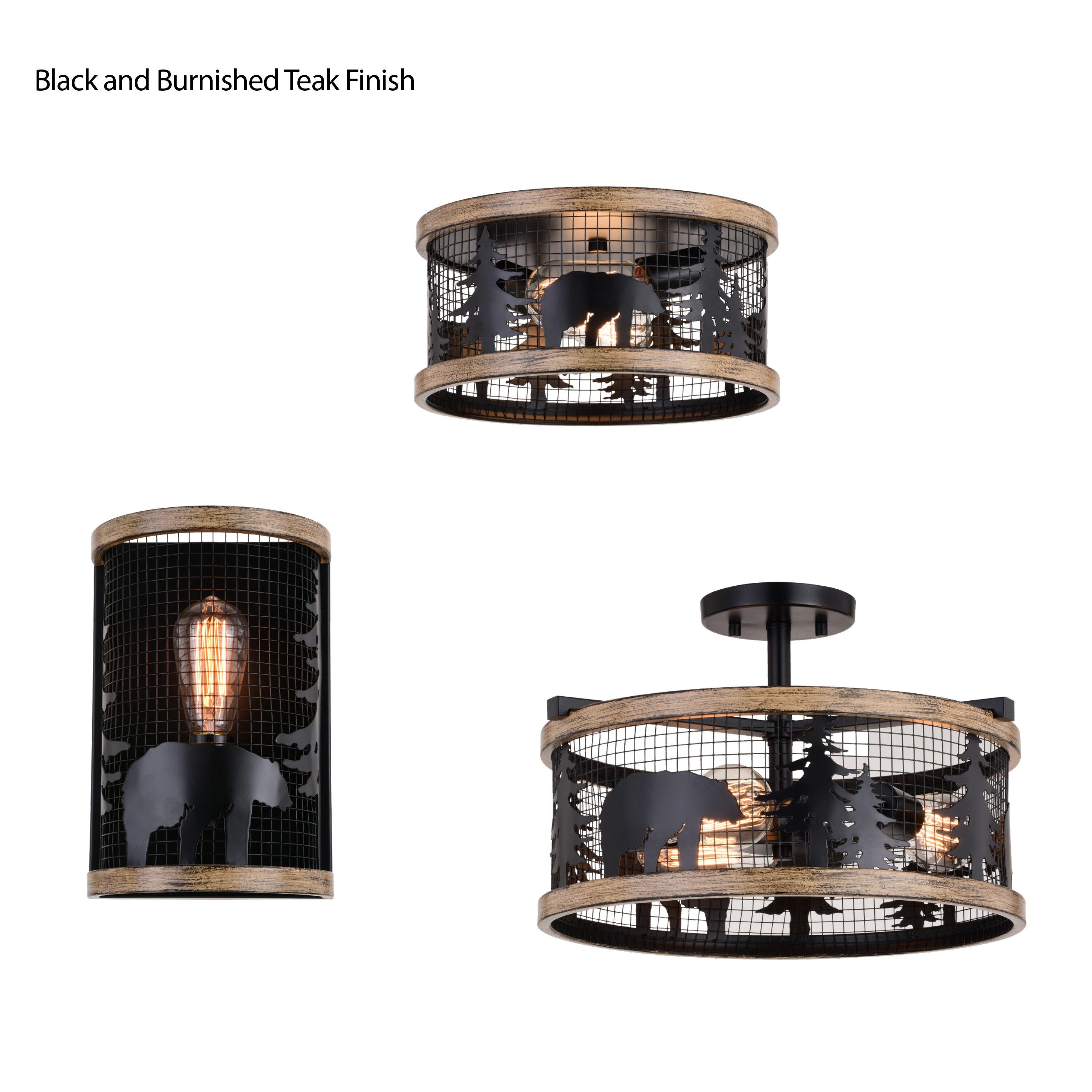 Kodiak 16-in W Black and Teak Rustic Semi Flush Mount Ceiling Light Bear and Tree Motif