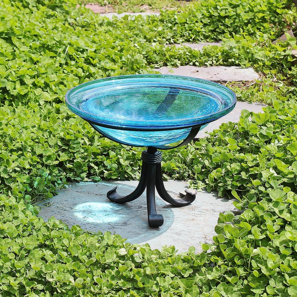 12.75" Reflective Crackle Glass Birdbath Bowl with Tripod Stand Teal Blue - Achla Designs: Weather-Resistant, No Assembly Required