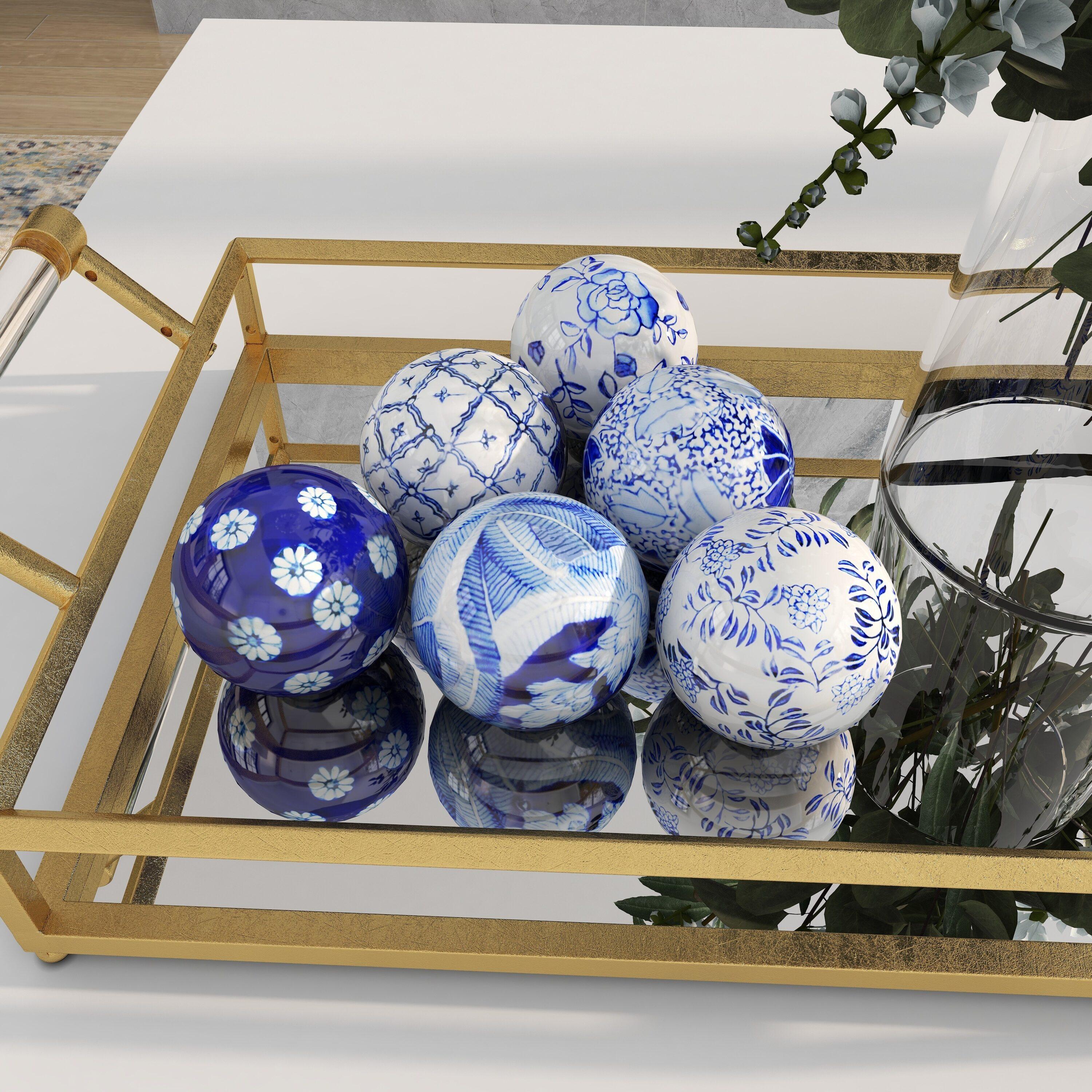 DecMode Blue 3" Floral Handmade Glossy Ceramic Orbs & Vase Filler with Varying Patterns (6 Count)
