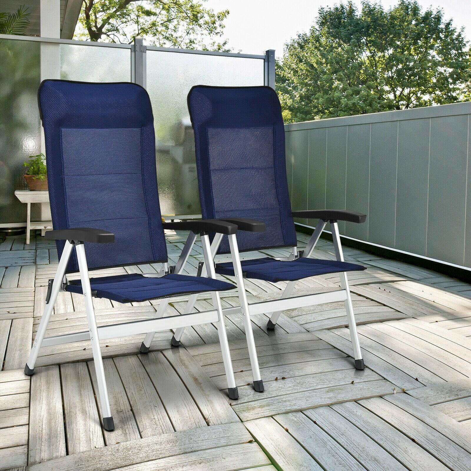 Giantex Set of 2 Patio Chairs, Folding Outdoor Chairs, High Back Recliner with Headrest and Armrests 7 Levels Adjustable Camping Chairs Safe Lock Lawn Chairs Porch Balcony Furniture, Blue