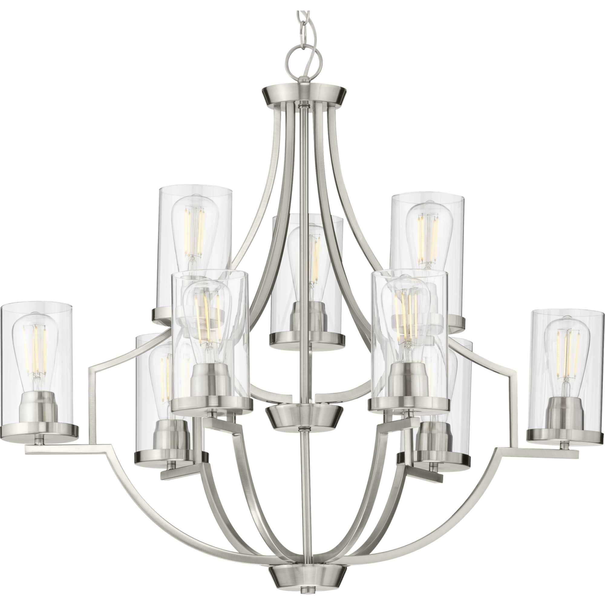 Progress Lighting, Lassiter Collection, 9-Light Chandelier, Brushed Nickel, Clear Glass Shades