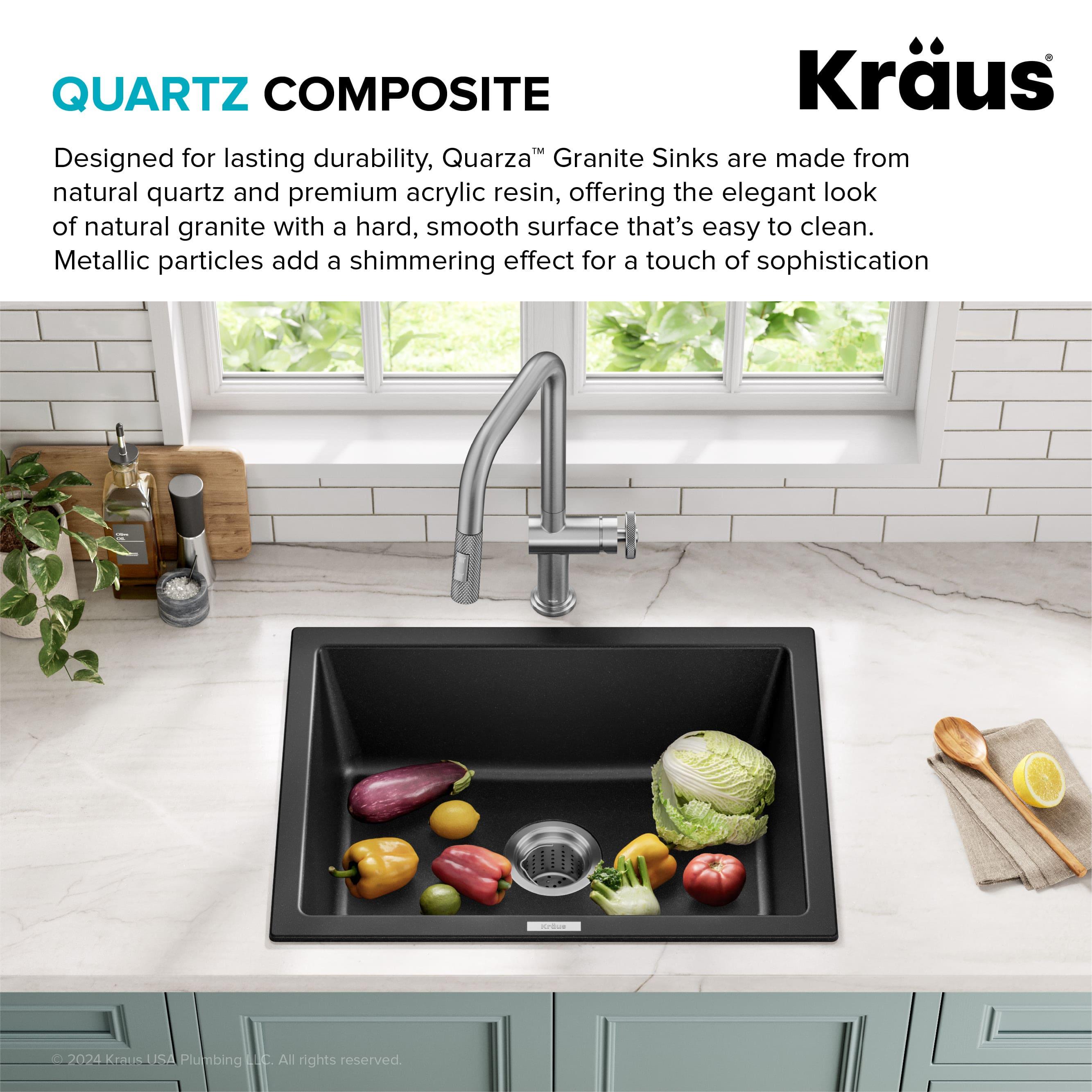 KRAUS 24 inch L Dual Mount Single Bowl Granite Kitchen Sink w/ Topmount and Undermount Installation in Black Onyx