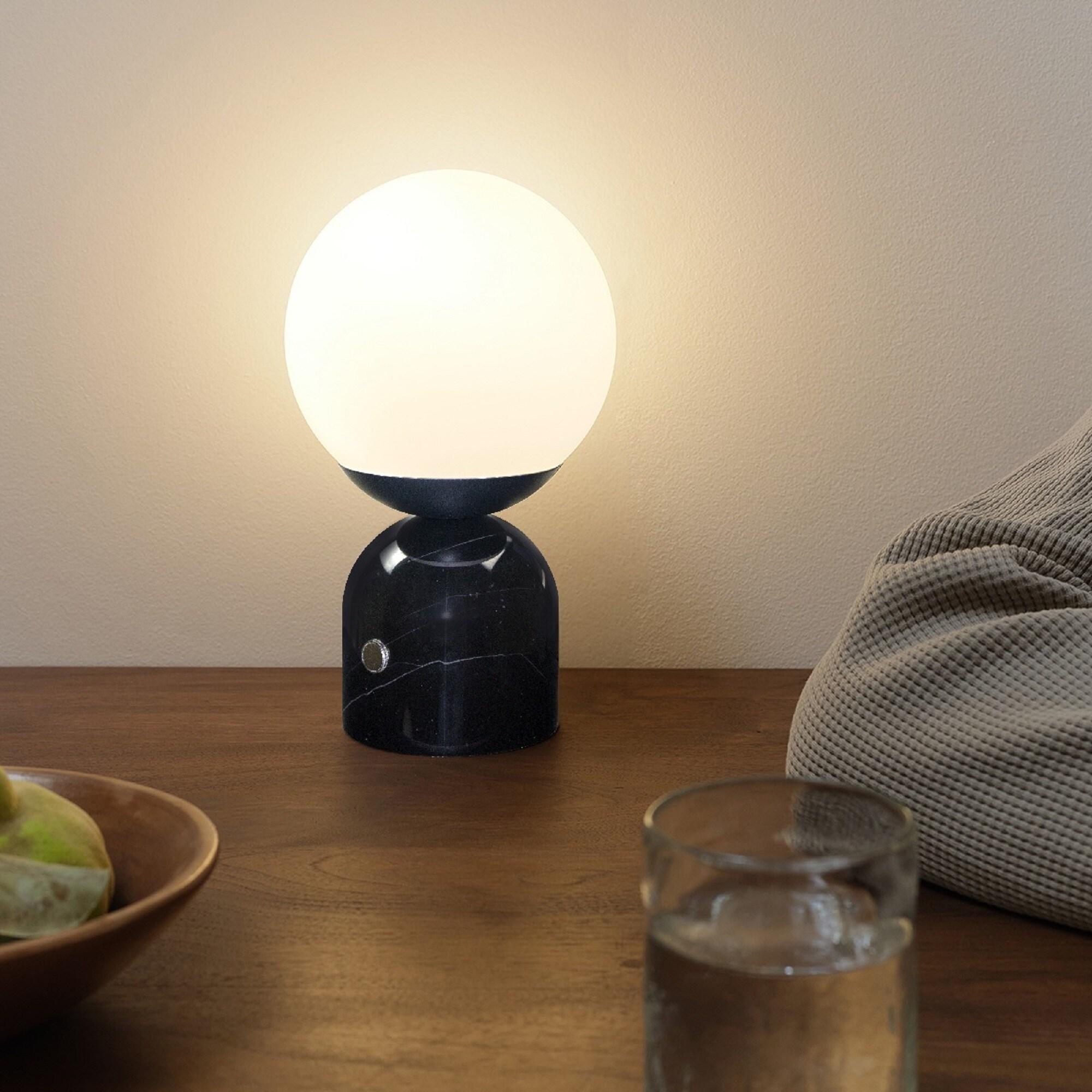 Brightech Mila 10" Modern LED Table Lamp with Black Marble Base and Frosted Globe Shade, 3-Way Dimming