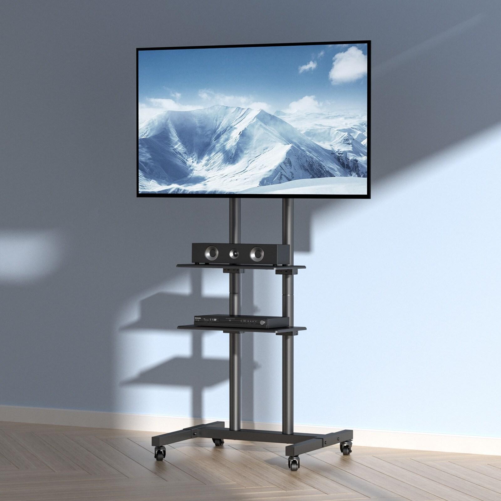 Black Adjustable Mobile TV Stand with Double Tray for 32-70 inch TVs