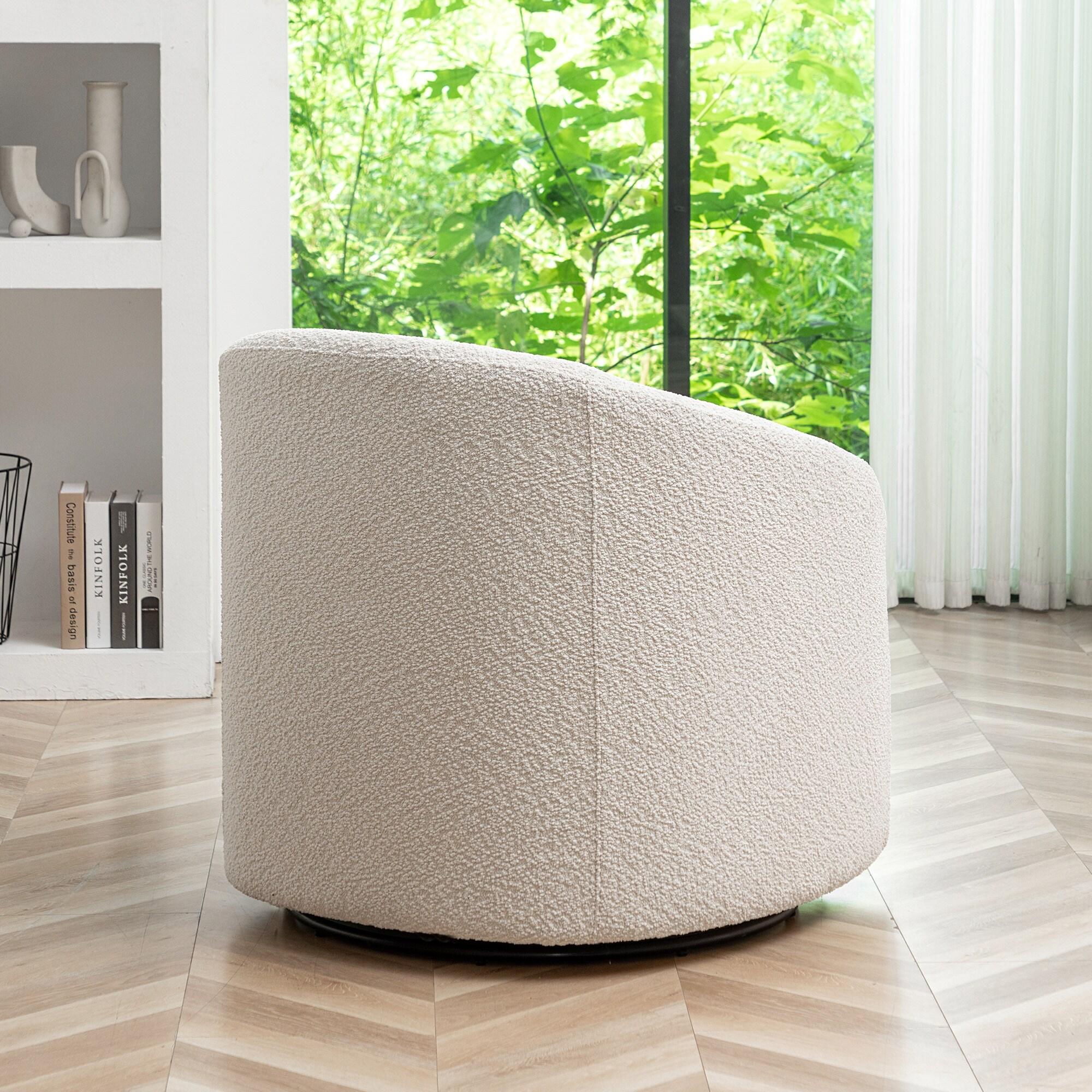 Kinwell 32" Wide Boucle Upholstered Swivel Barrel Chair White : Mid-Century Modern, No Assembly Required