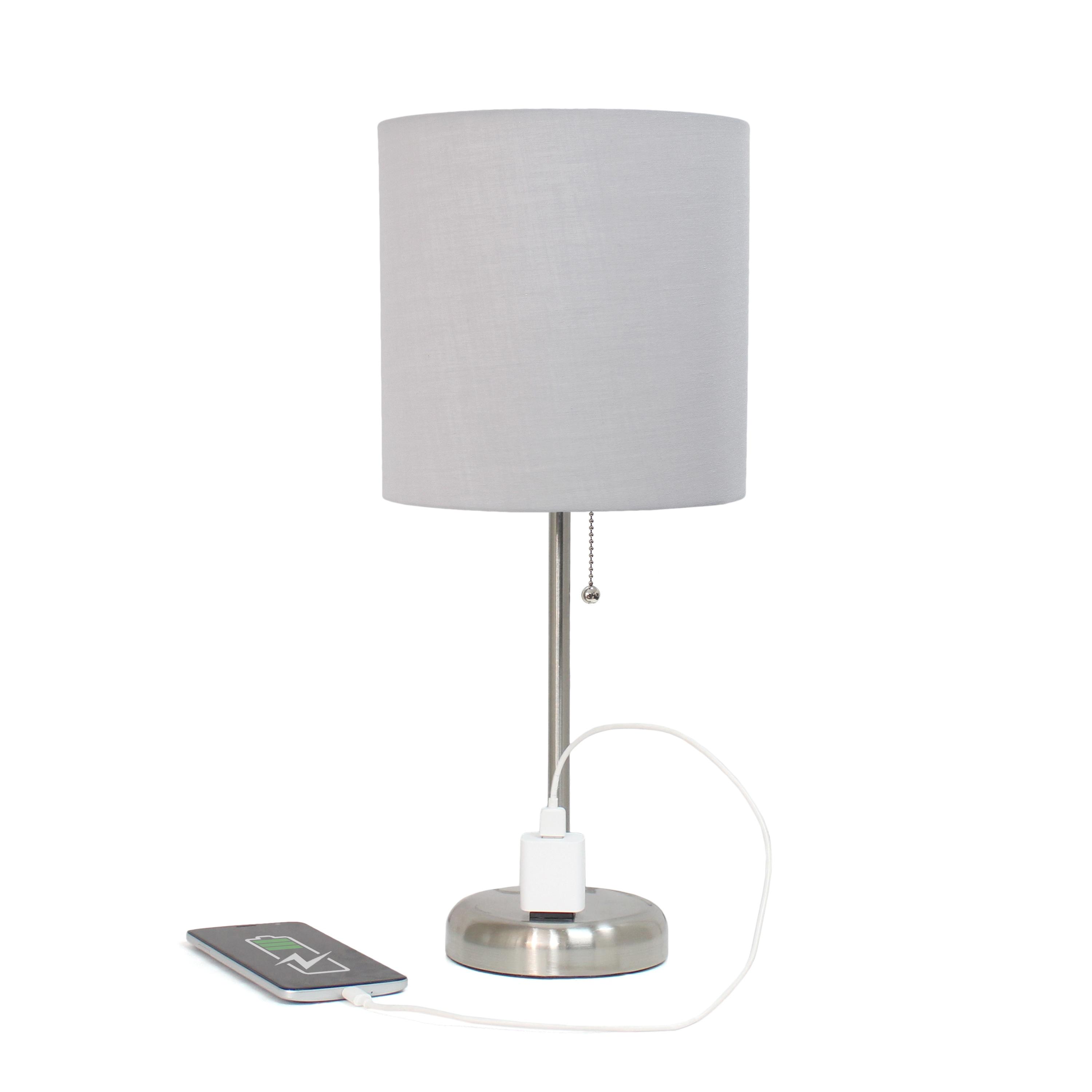 Creekwood Home Oslo 19.5" Power Outlet Base Metal Table Desk Lamp in Brushed Steel with Feit LED (Includes LED Light Bulb) Gray