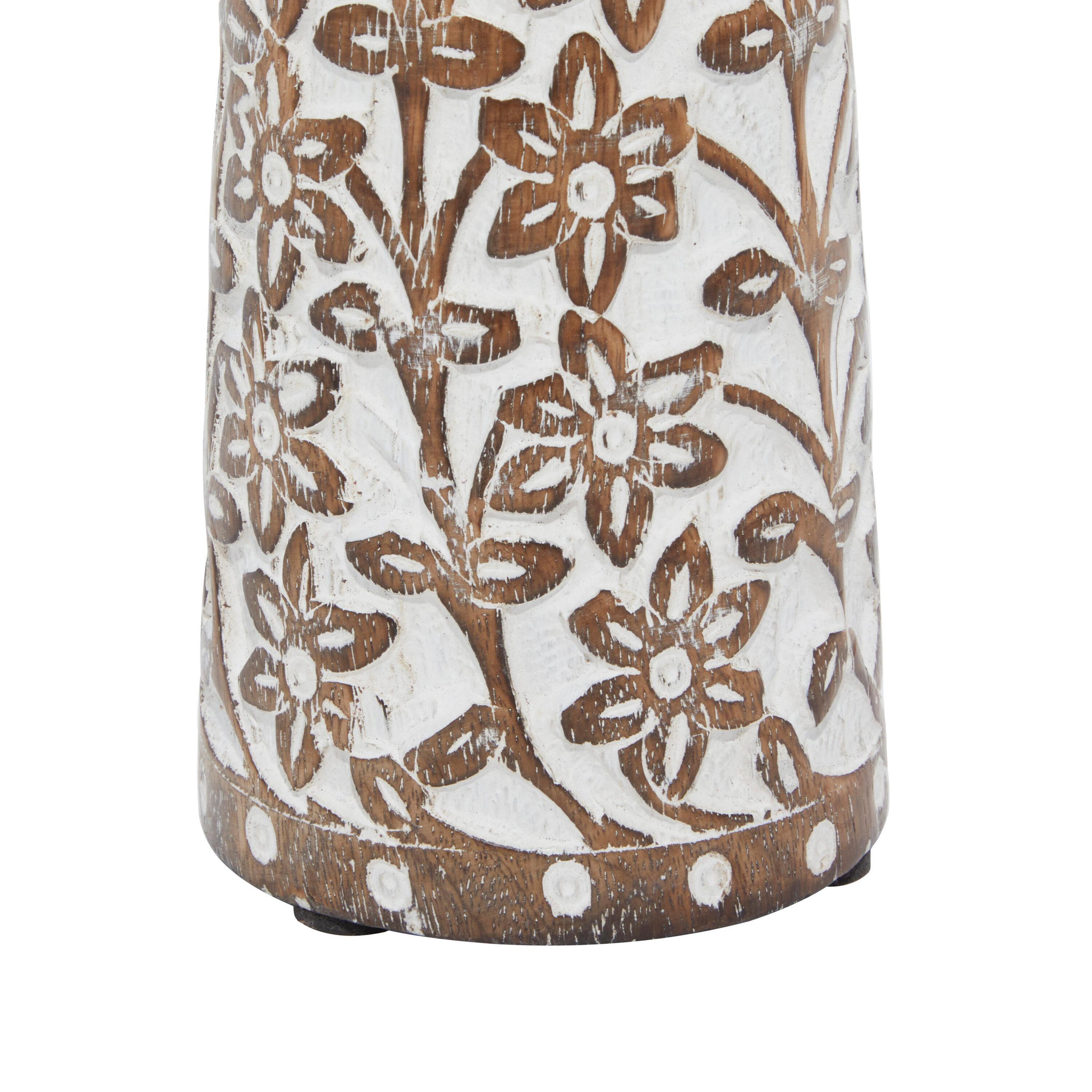 DecMode 3 Candle Brown Mango Wood Handmade Floral Carved Pillar Candle Holder with Cream Accents, Set of 3