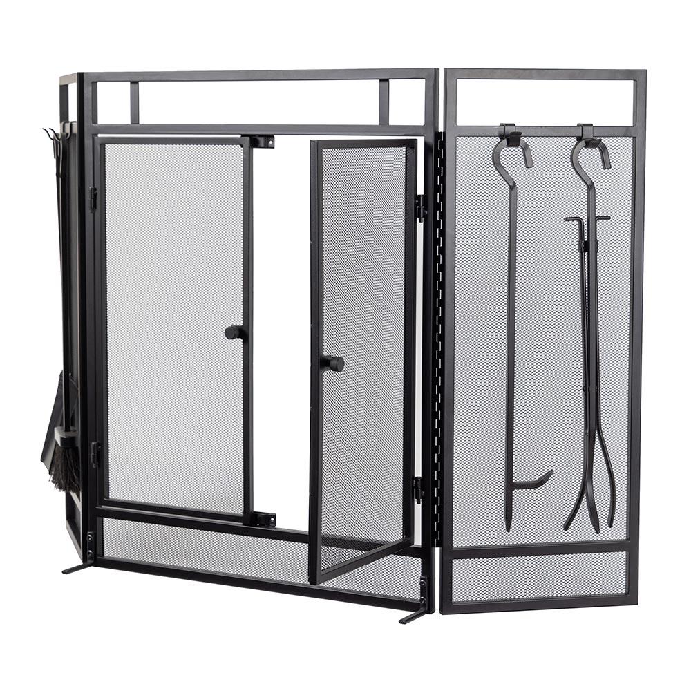 Kern River Mesh Trifold Fireplace Screen with 4 Piece Tool Set in Black
