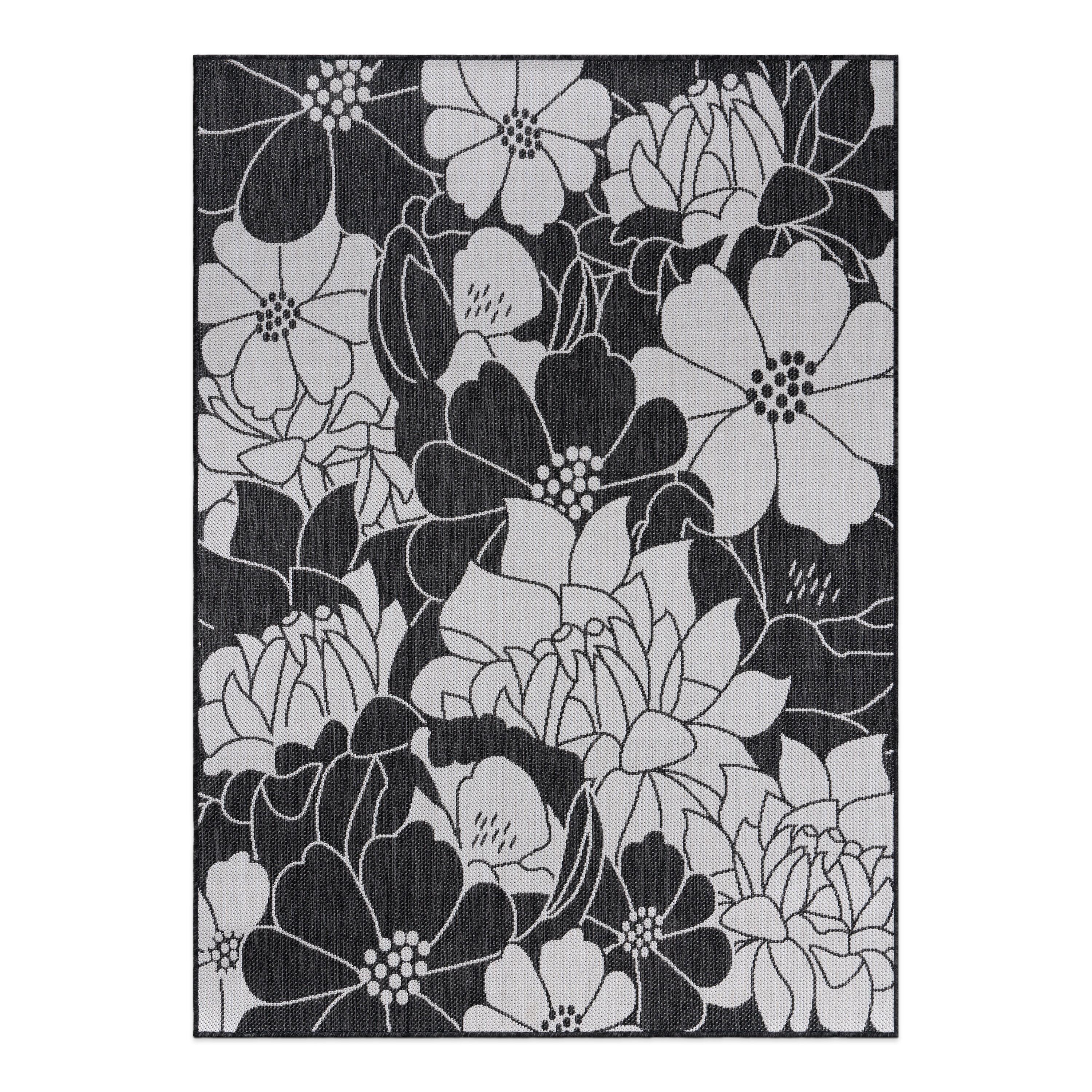 World Rug Gallery Modern Floral Flowers Textured Flat Weave Indoor/Outdoor Area Rug - BLACK 5' X 7'