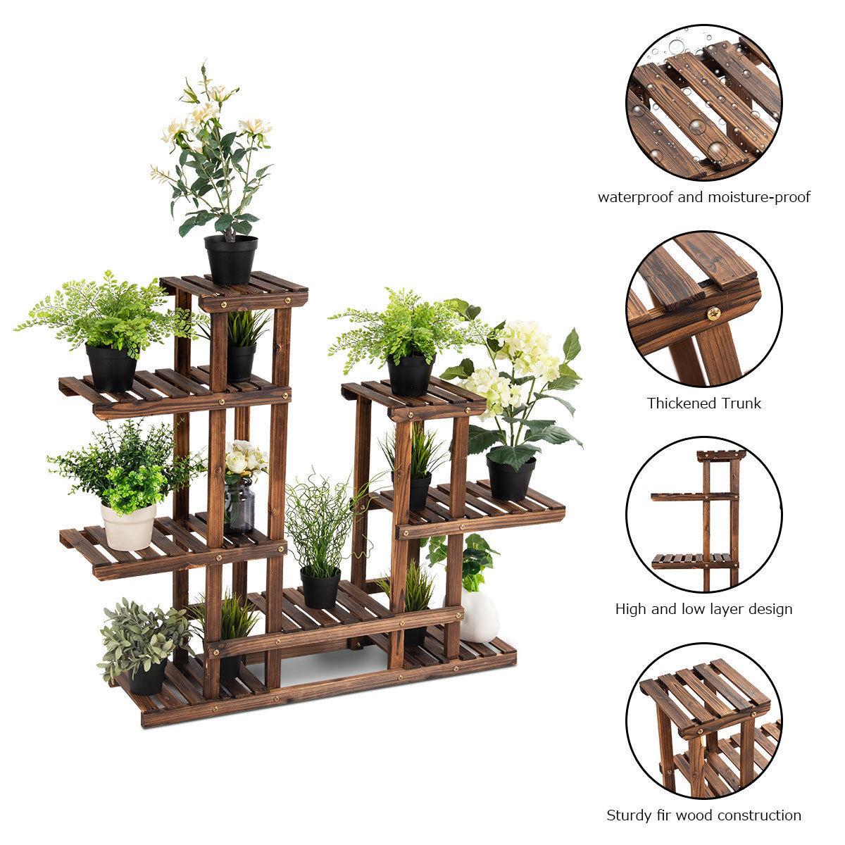 Costway 6Tier 13 Pots Wooden Plant Flower Display Stand Wood Shelf Storage Rack Garden