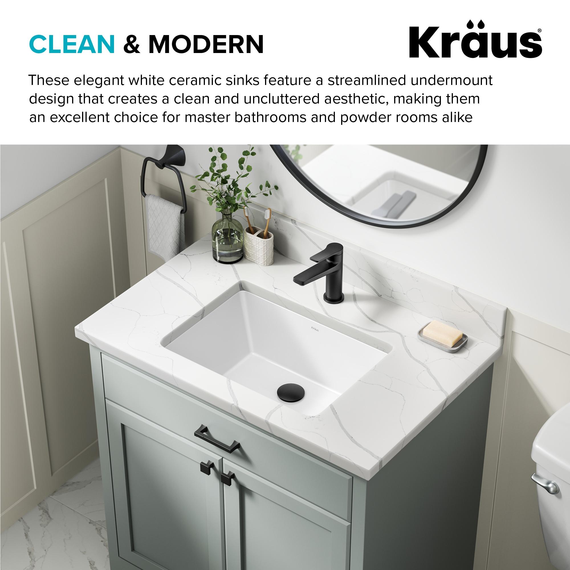 KRAUS Elavo. Rectangular Porcelain Ceramic Undermount Bathroom Sink In White With Overflow Drain, KCU-244