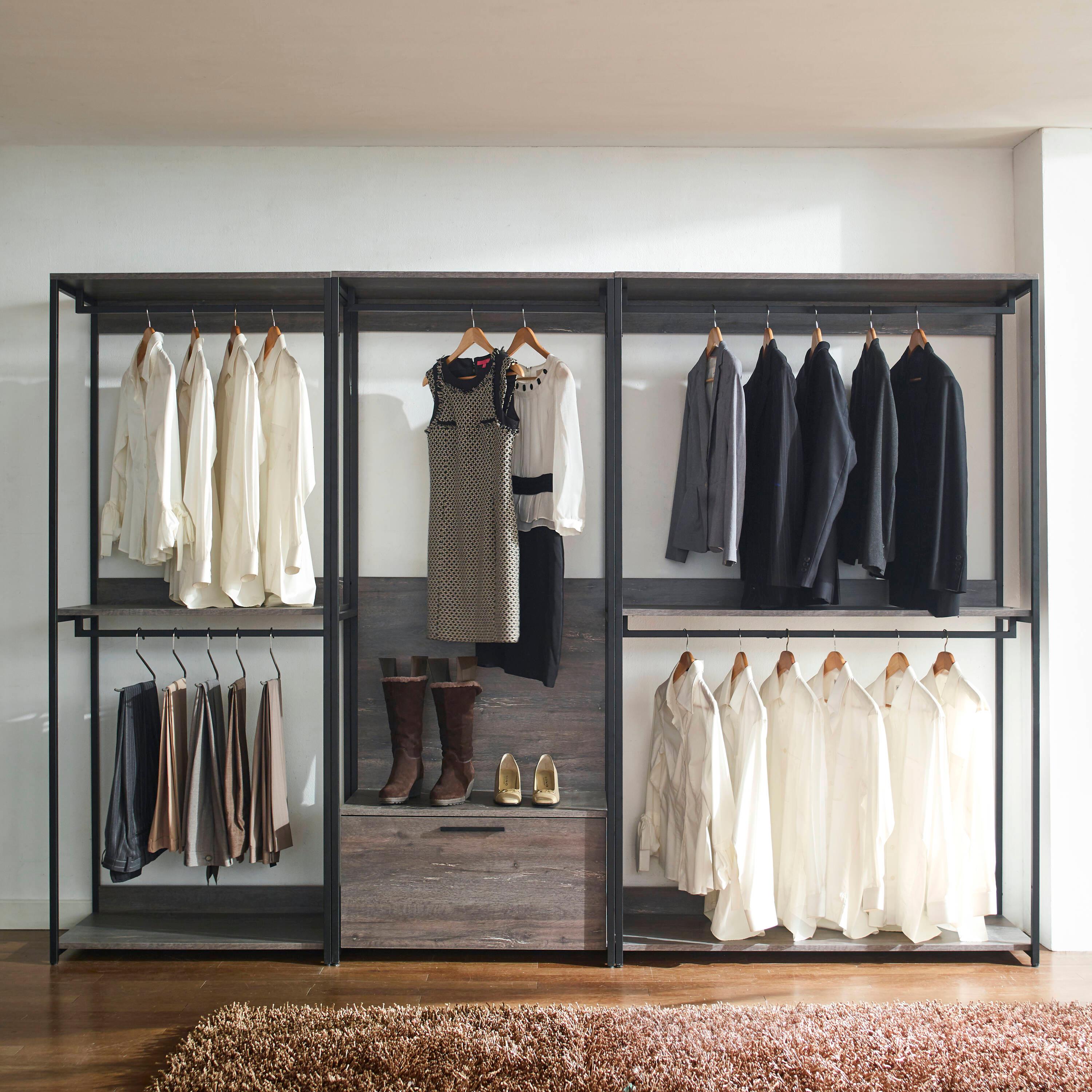 AndMakers Monica Farmhouse Industrial Wood Walk-in Closet with Two Shelves in Rustic Gray