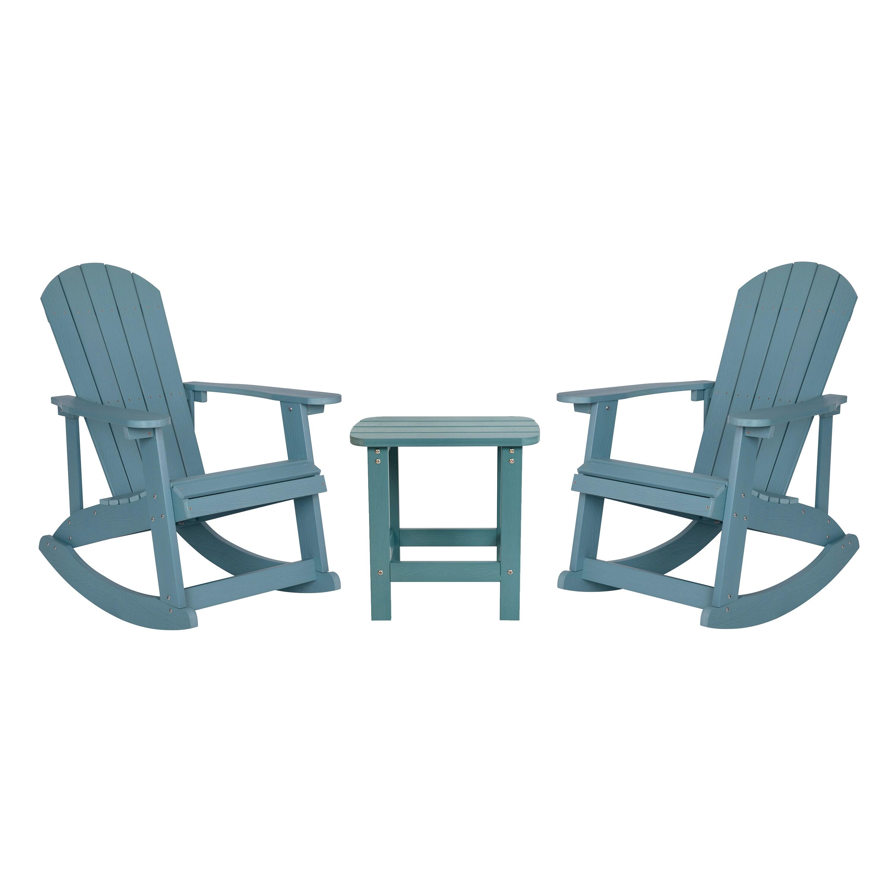 Flash Furniture Set of 2 Savannah All-Weather Poly Resin Wood Adirondack Rocking Chairs with Side Table in Sea Foam